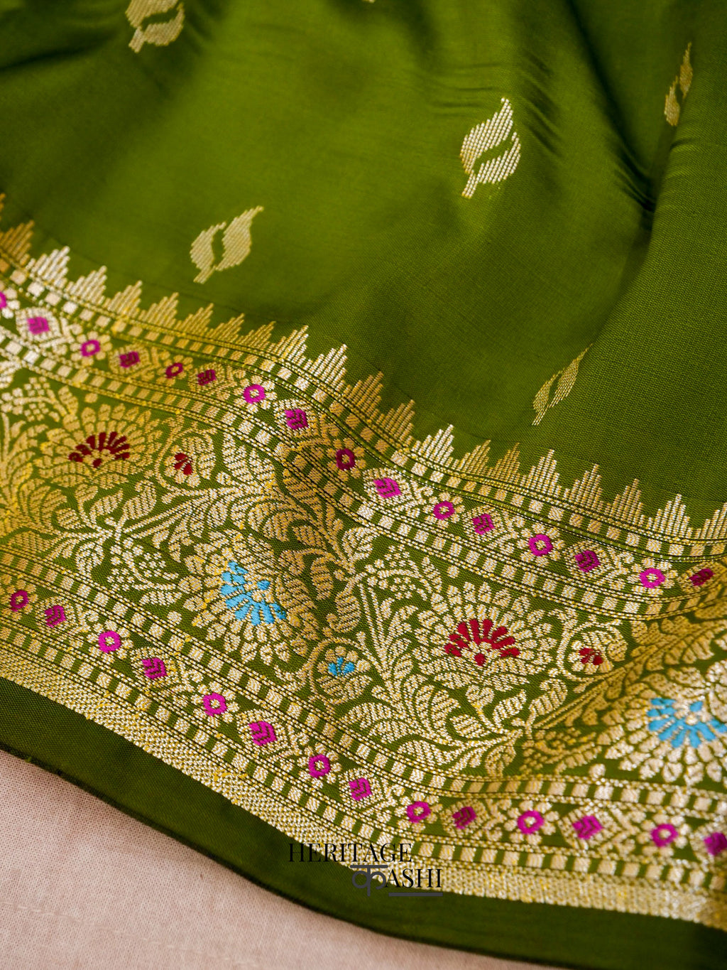Olive Green Katan Silk Buti With Minakari Border Saree