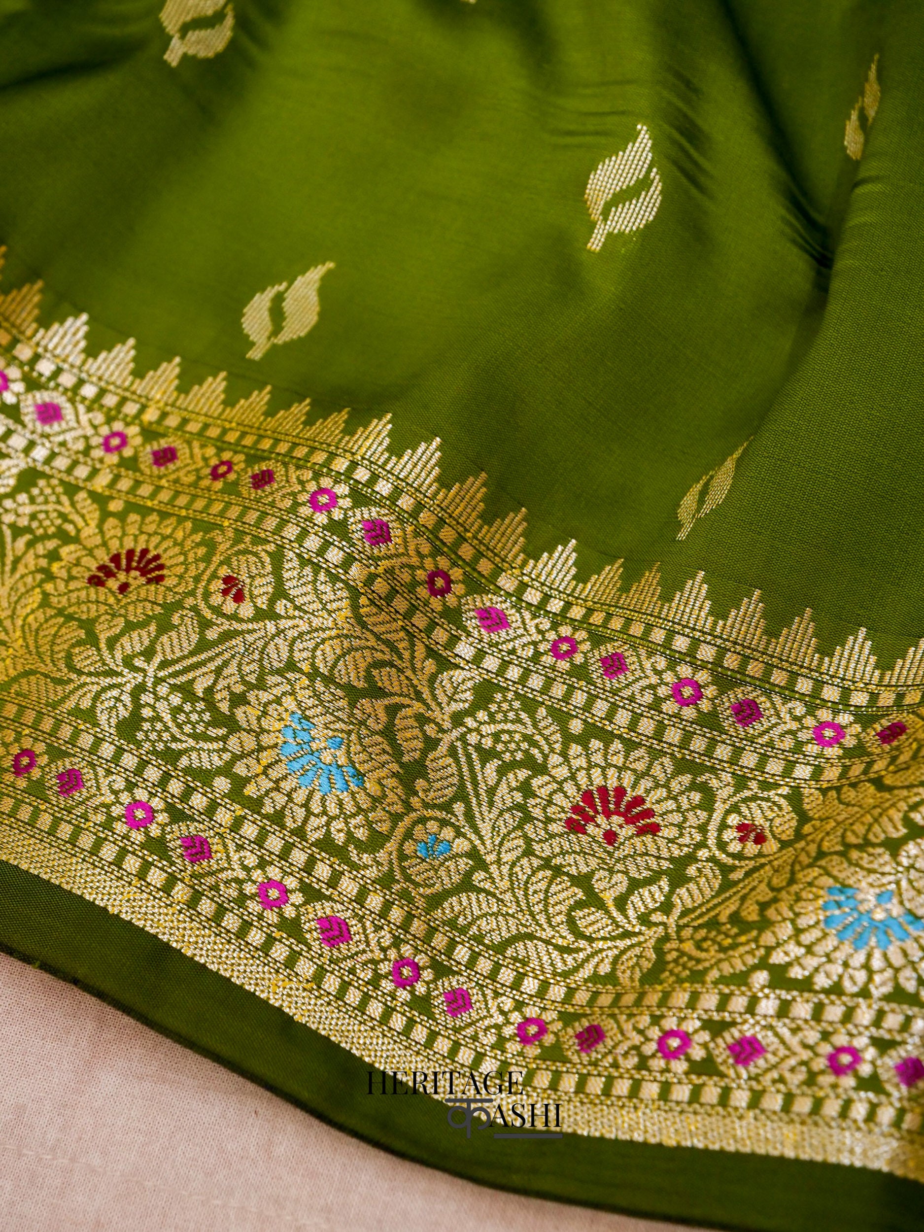 Olive Green Katan Silk Buti With Minakari Border Saree