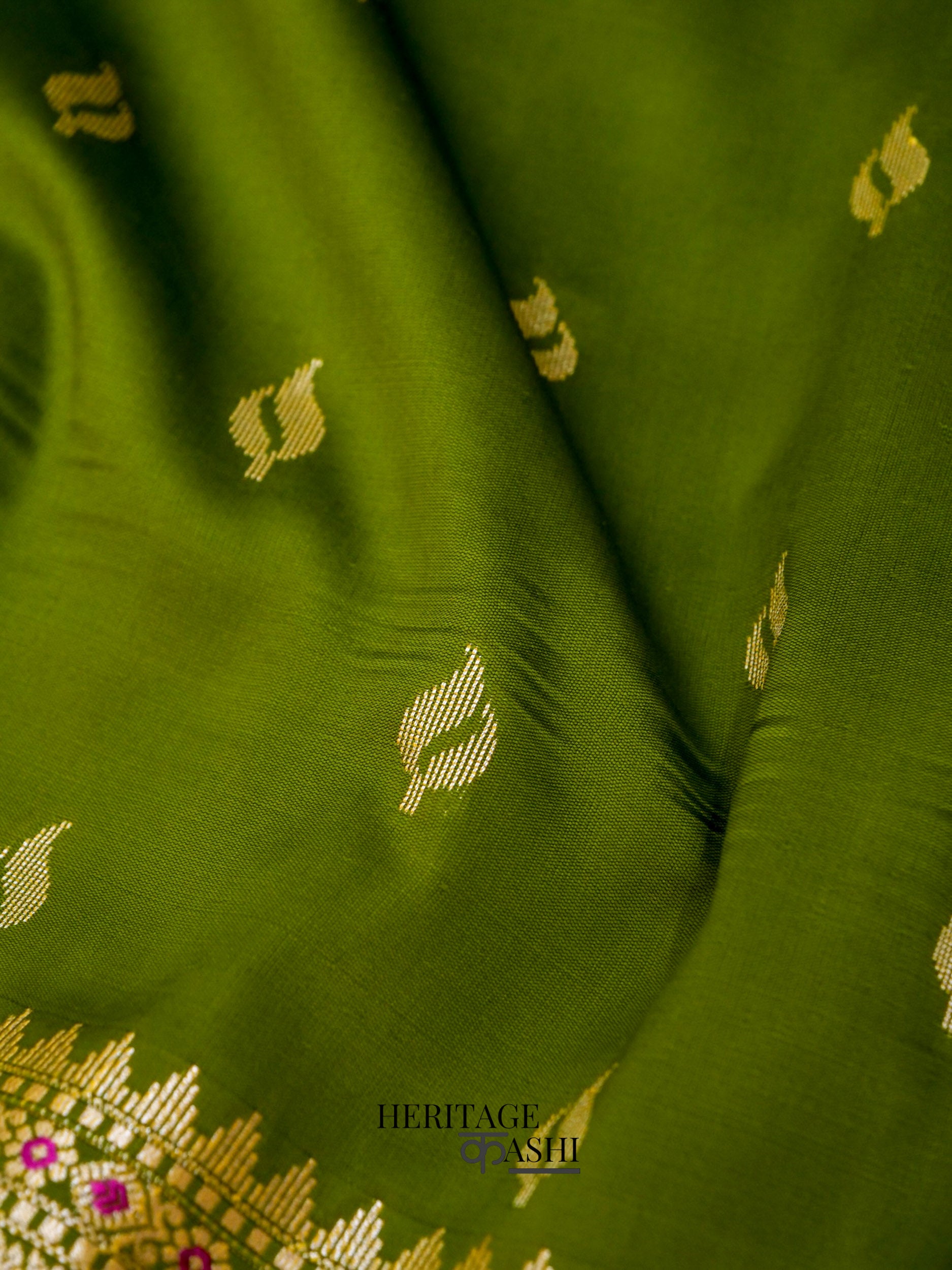 Olive Green Katan Silk Buti With Minakari Border Saree