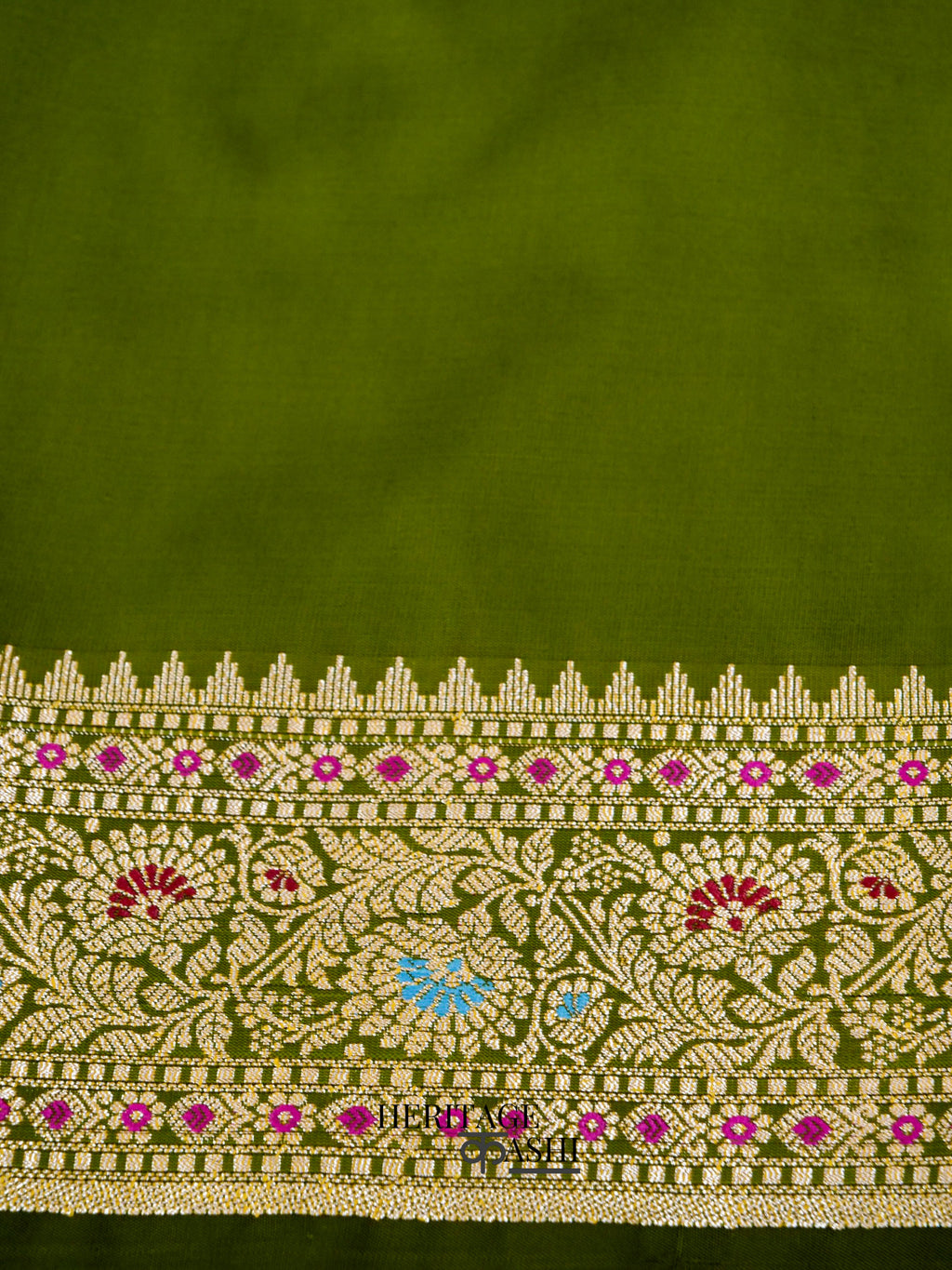 Olive Green Katan Silk Buti With Minakari Border Saree