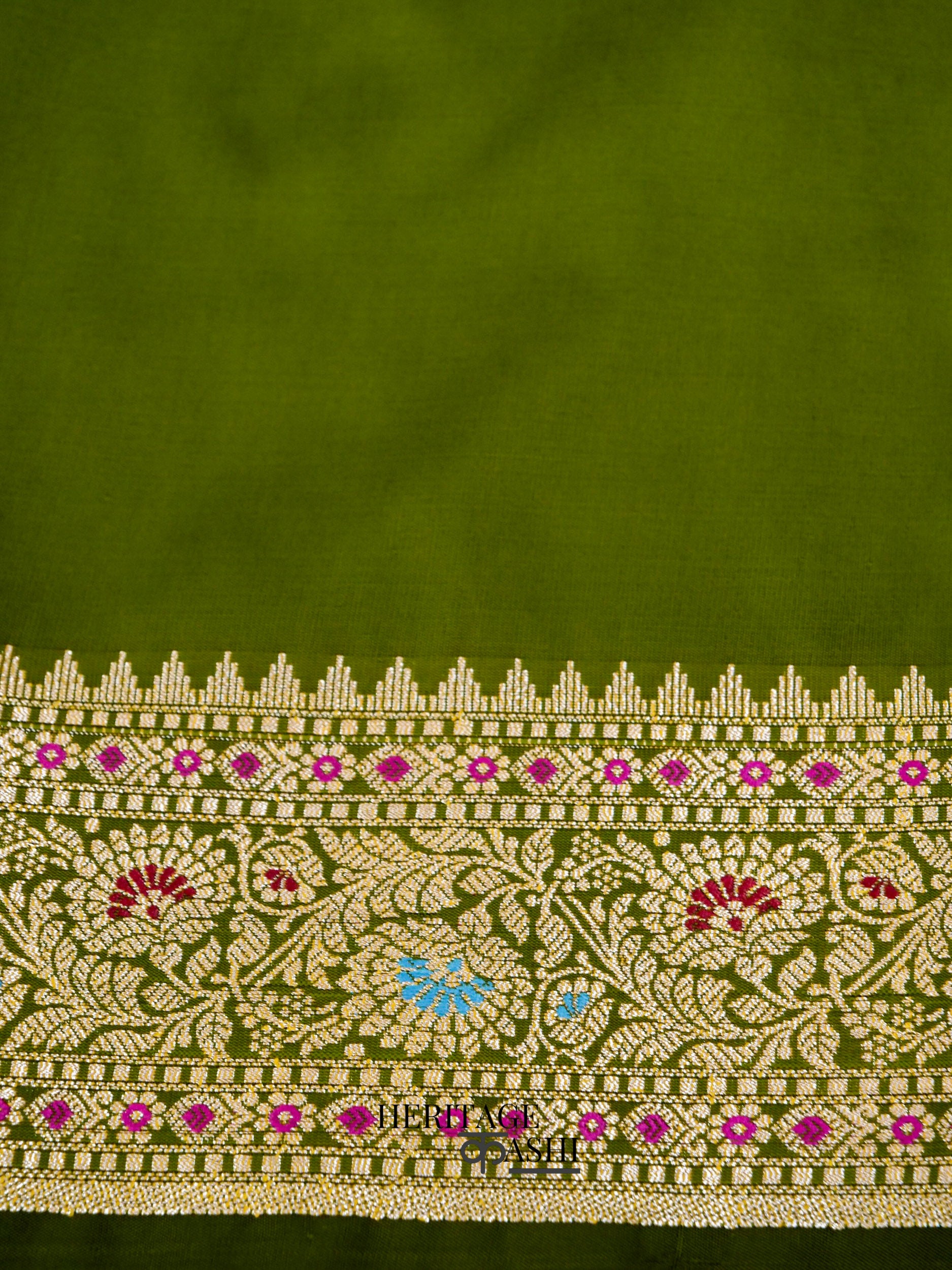 Olive Green Katan Silk Buti With Minakari Border Saree