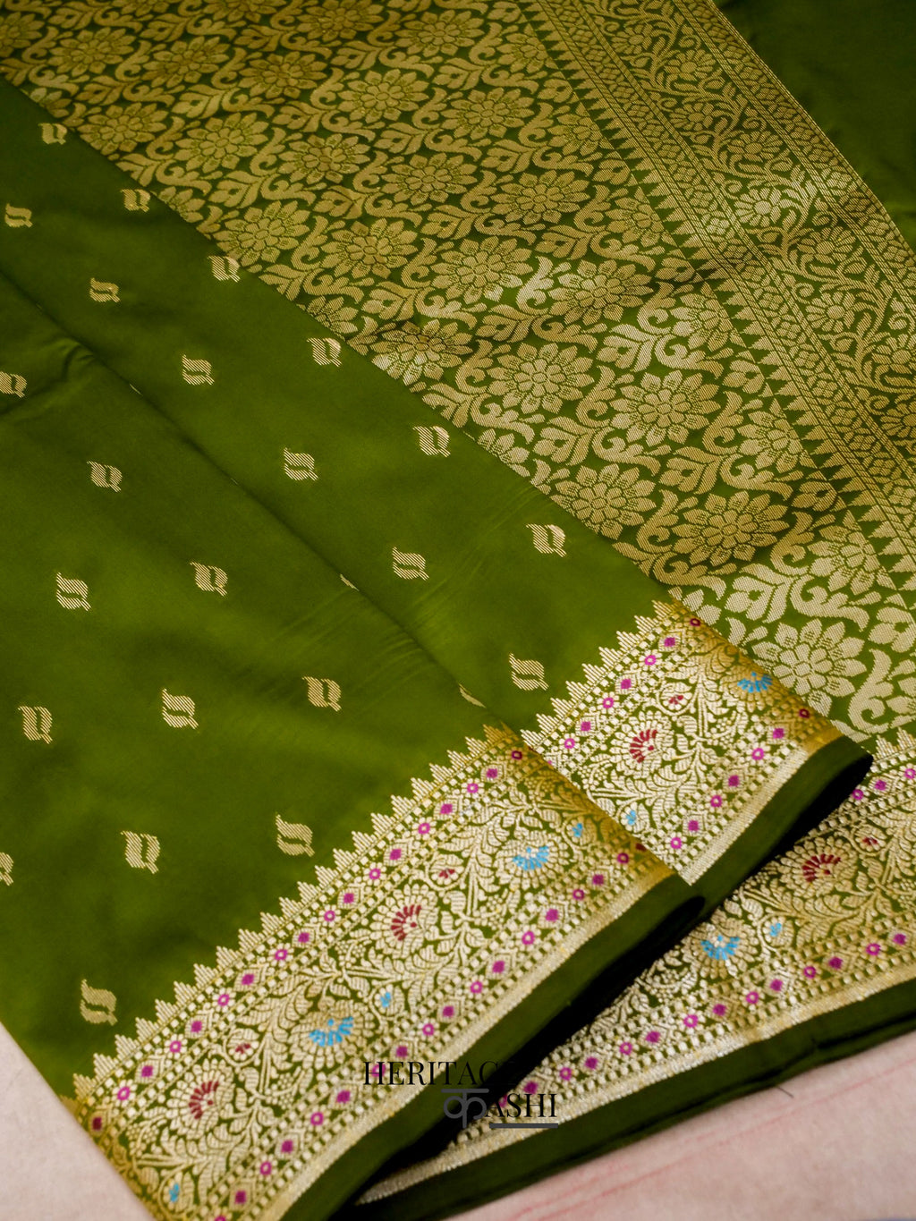 Olive Green Katan Silk Buti With Minakari Border Saree