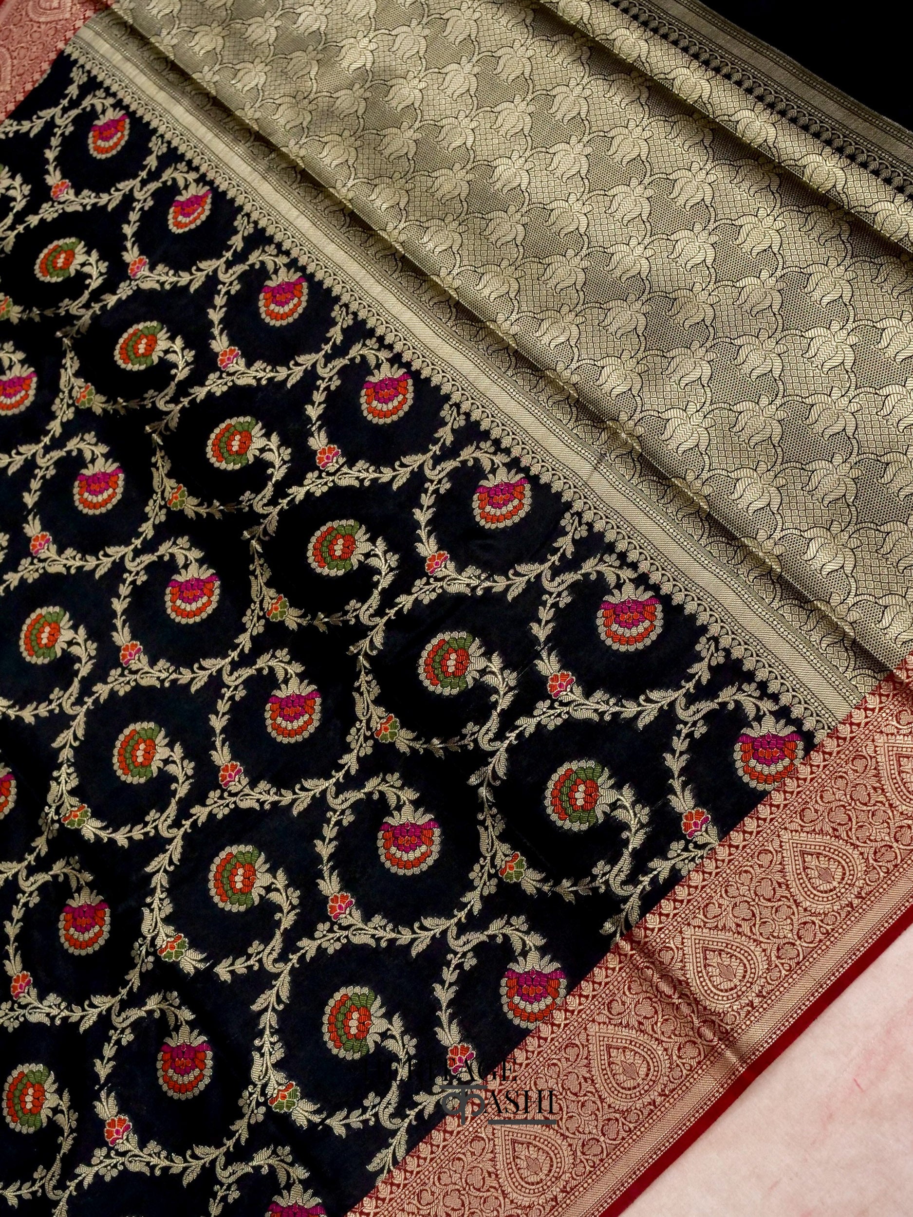 Black Katan Floral Tilfi Jaal Saree