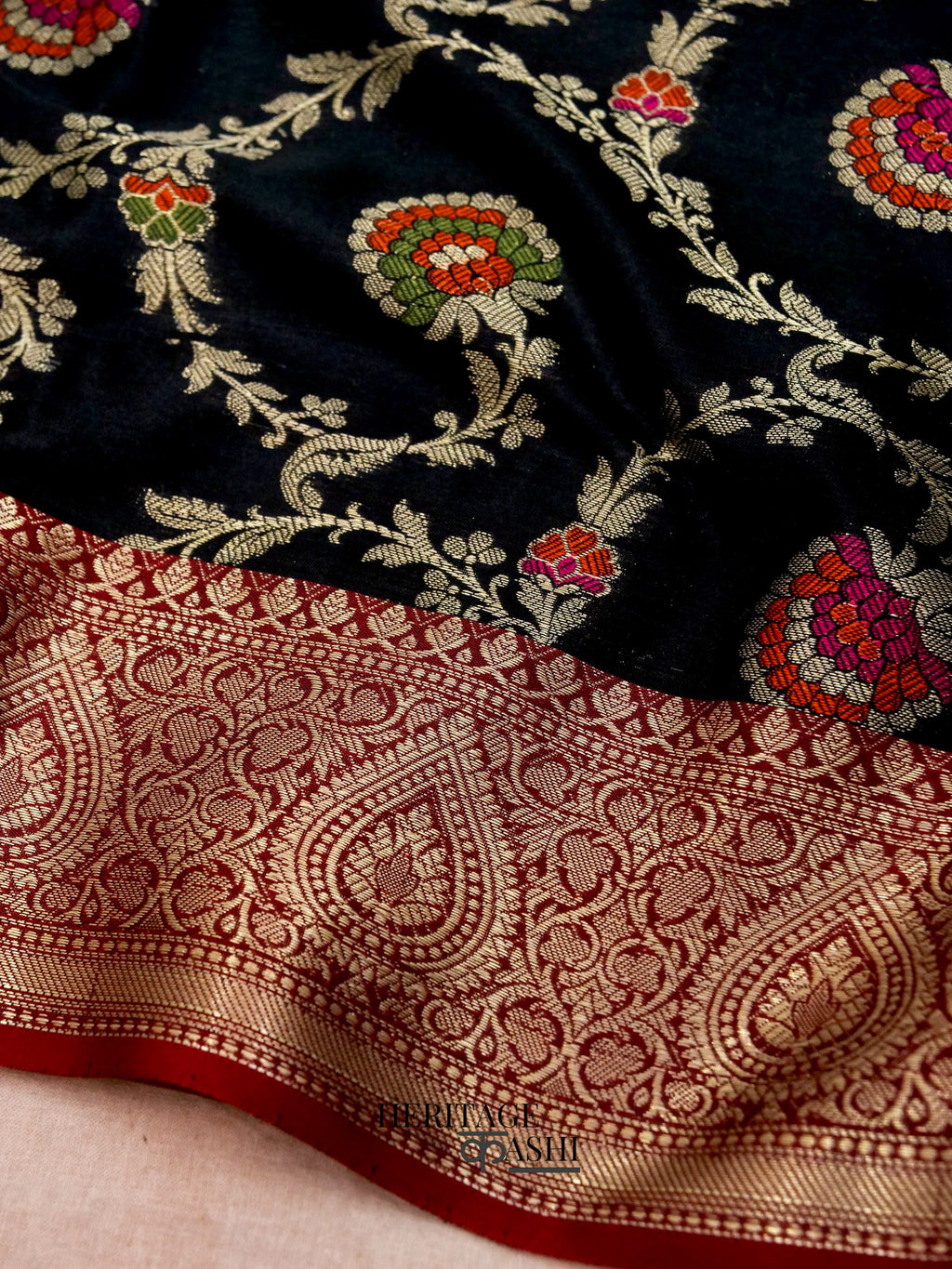 Black Katan Floral Tilfi Jaal Saree