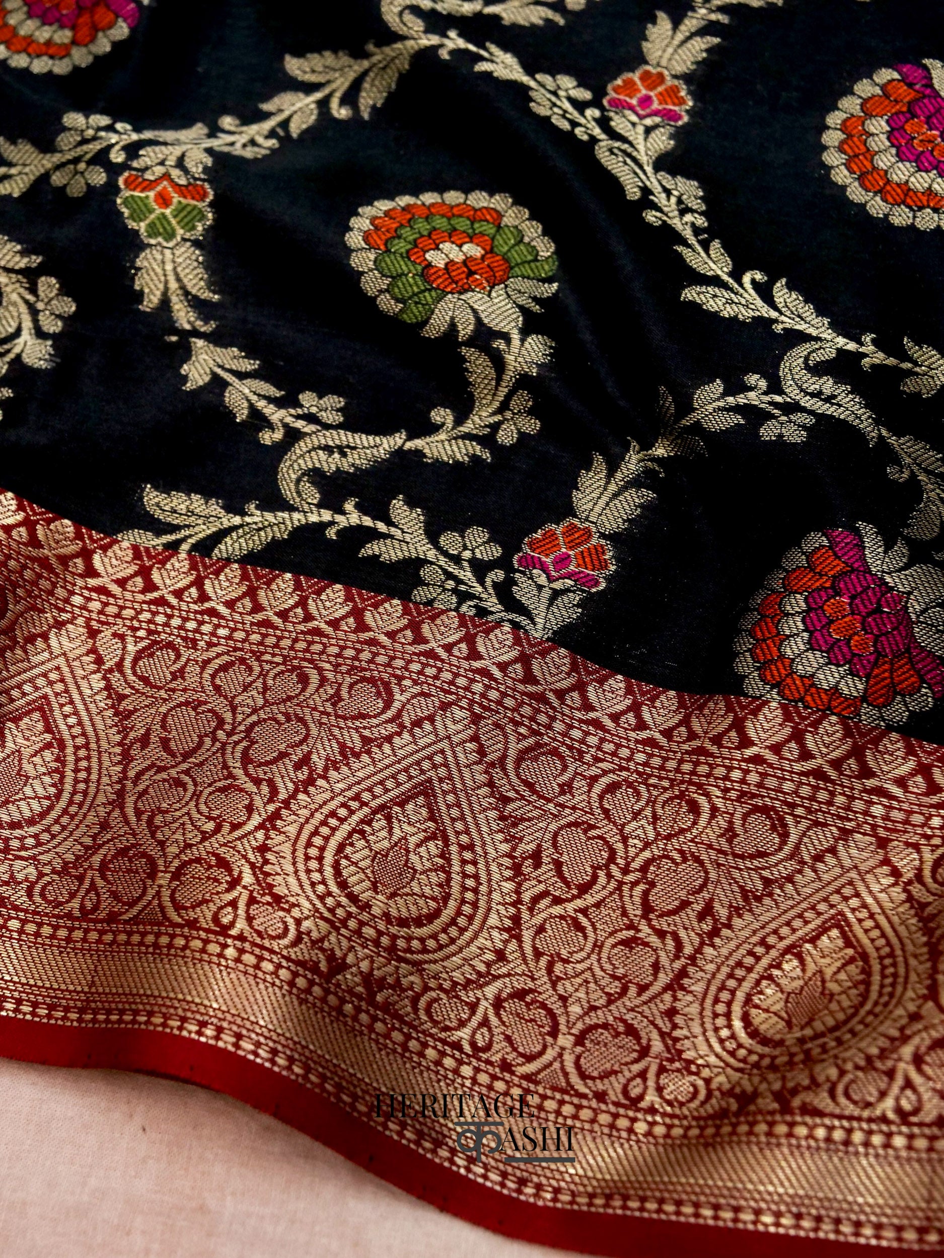 Black Katan Floral Tilfi Jaal Saree