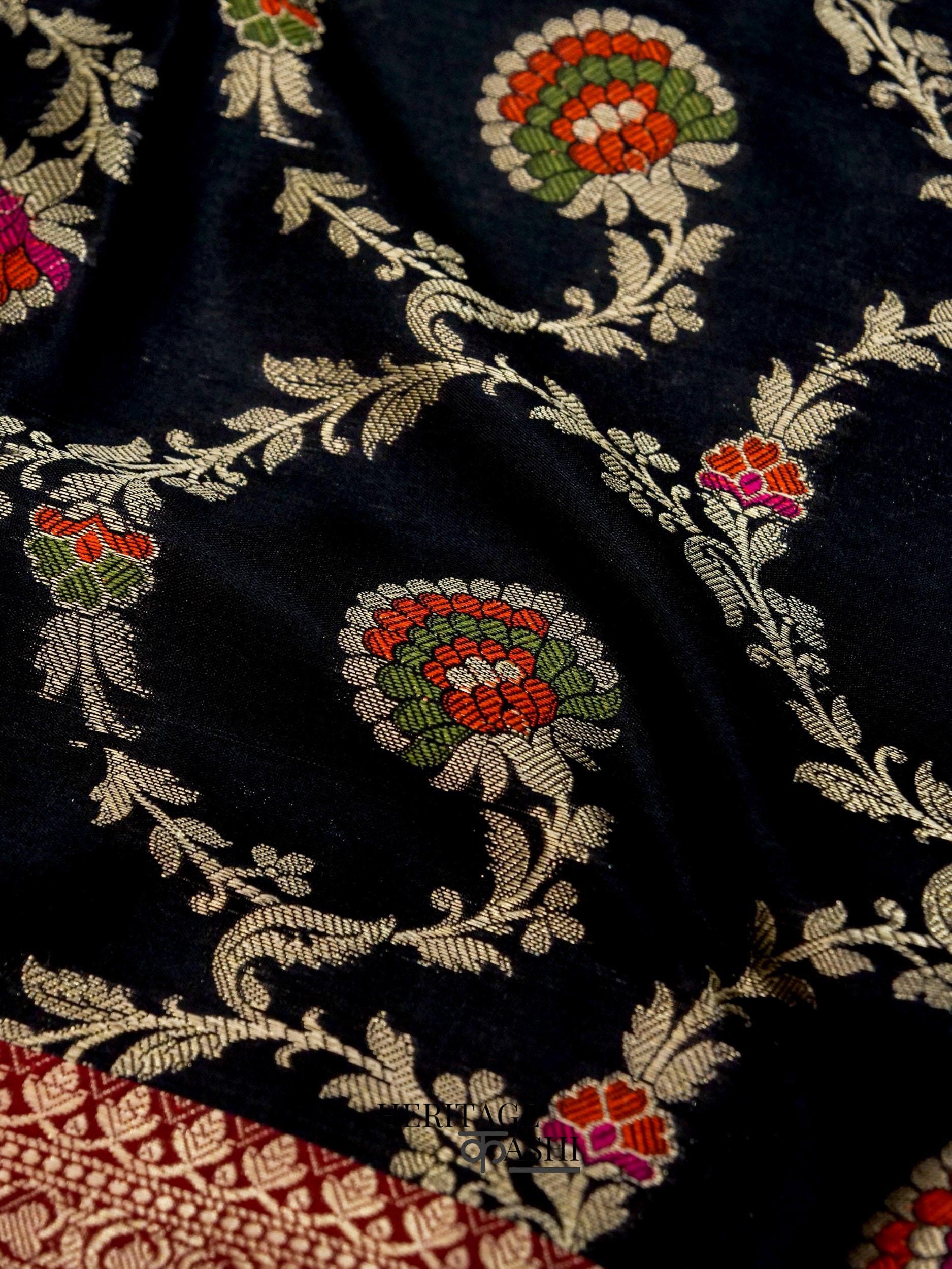 Black Katan Floral Tilfi Jaal Saree
