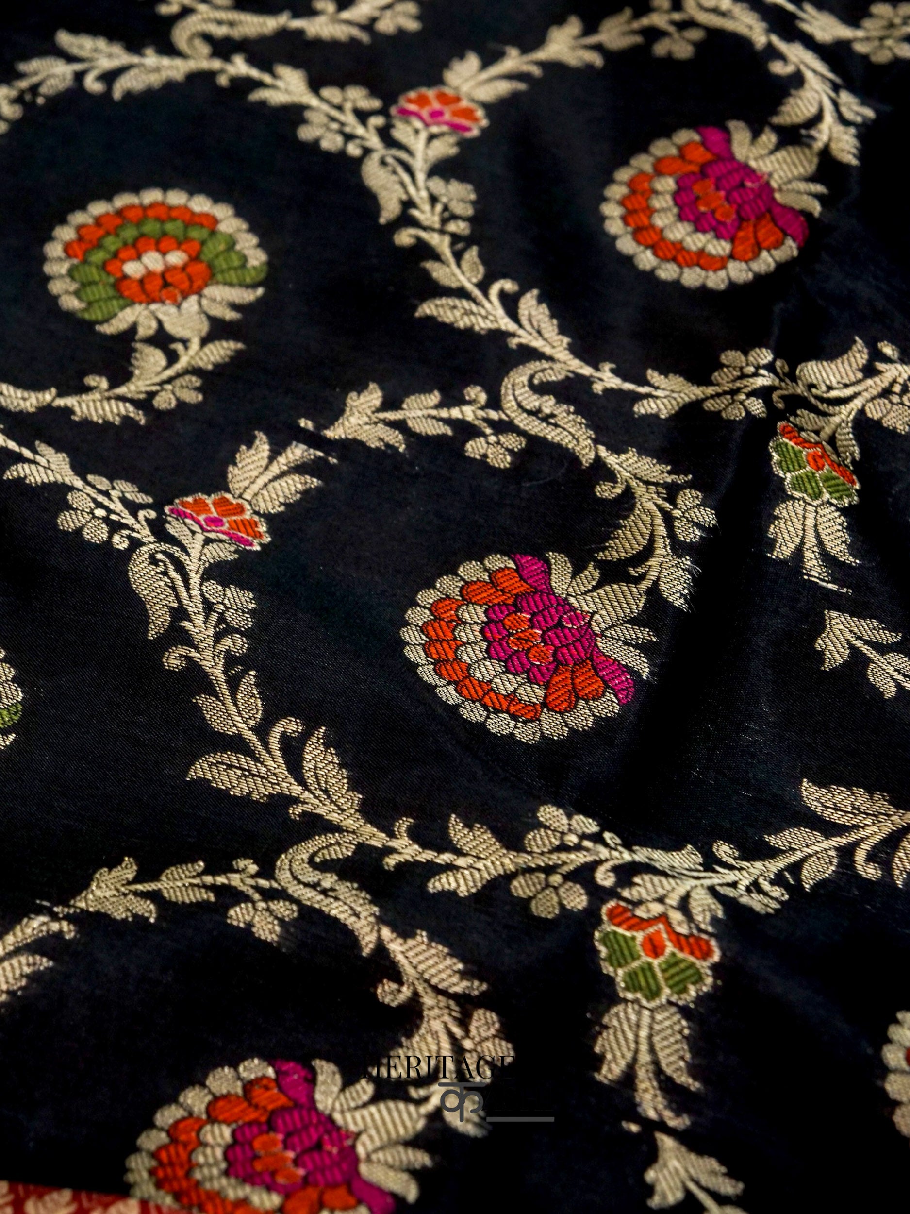 Black Katan Floral Tilfi Jaal Saree