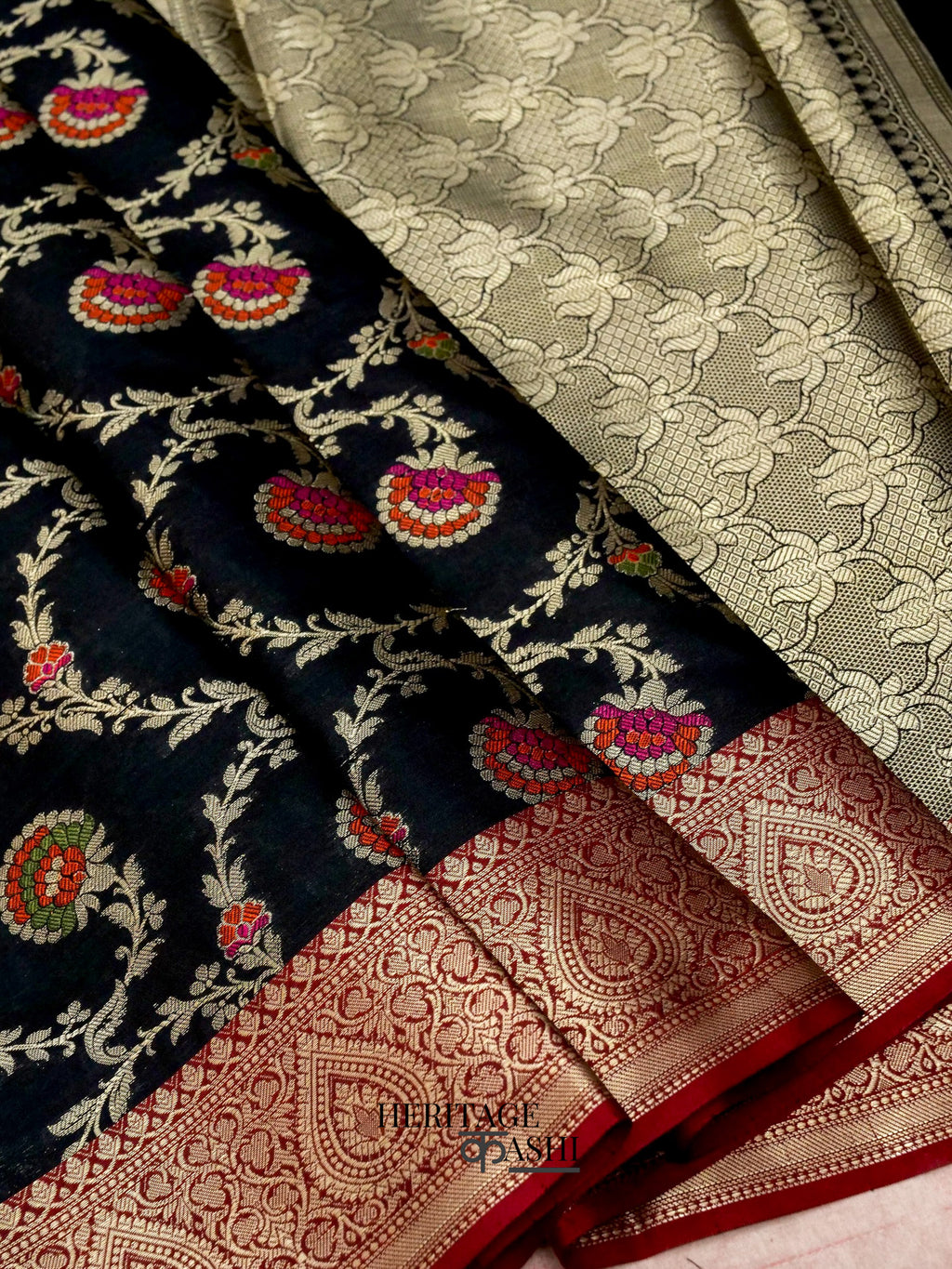 Black Katan Floral Tilfi Jaal Saree