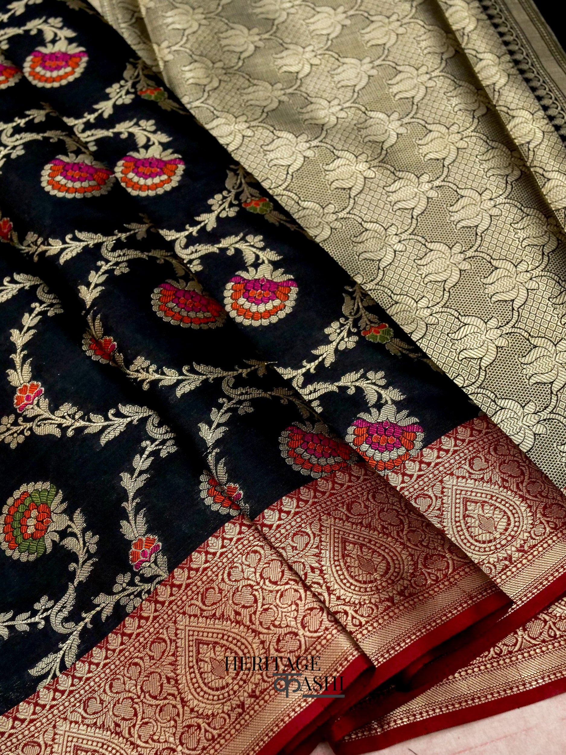 Black Katan Floral Tilfi Jaal Saree