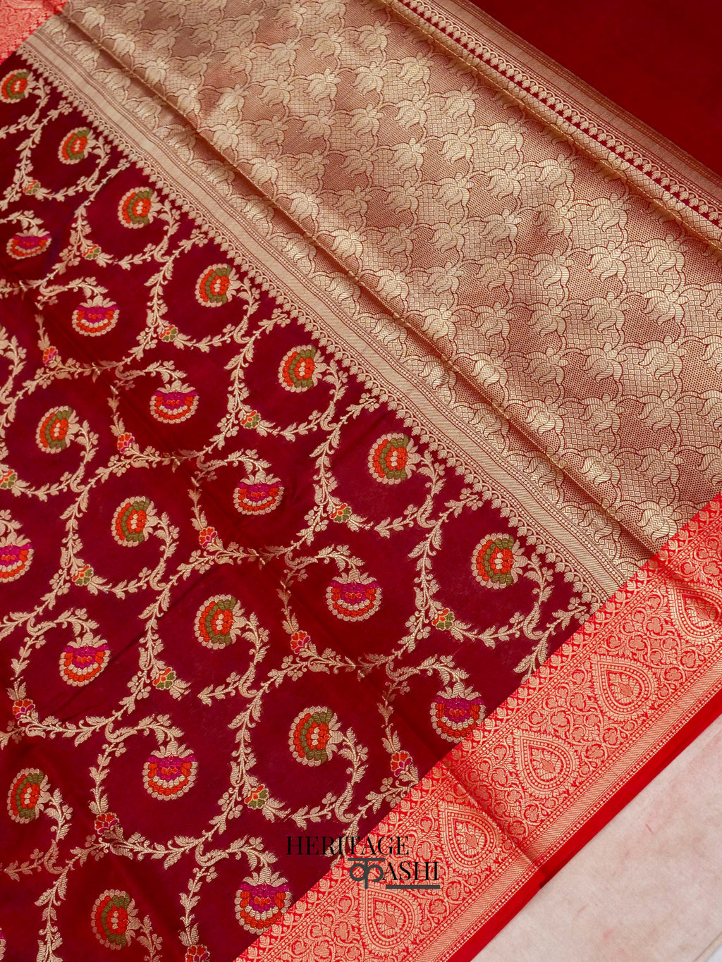 Maroon Katan Floral Tilfi Jaal Saree