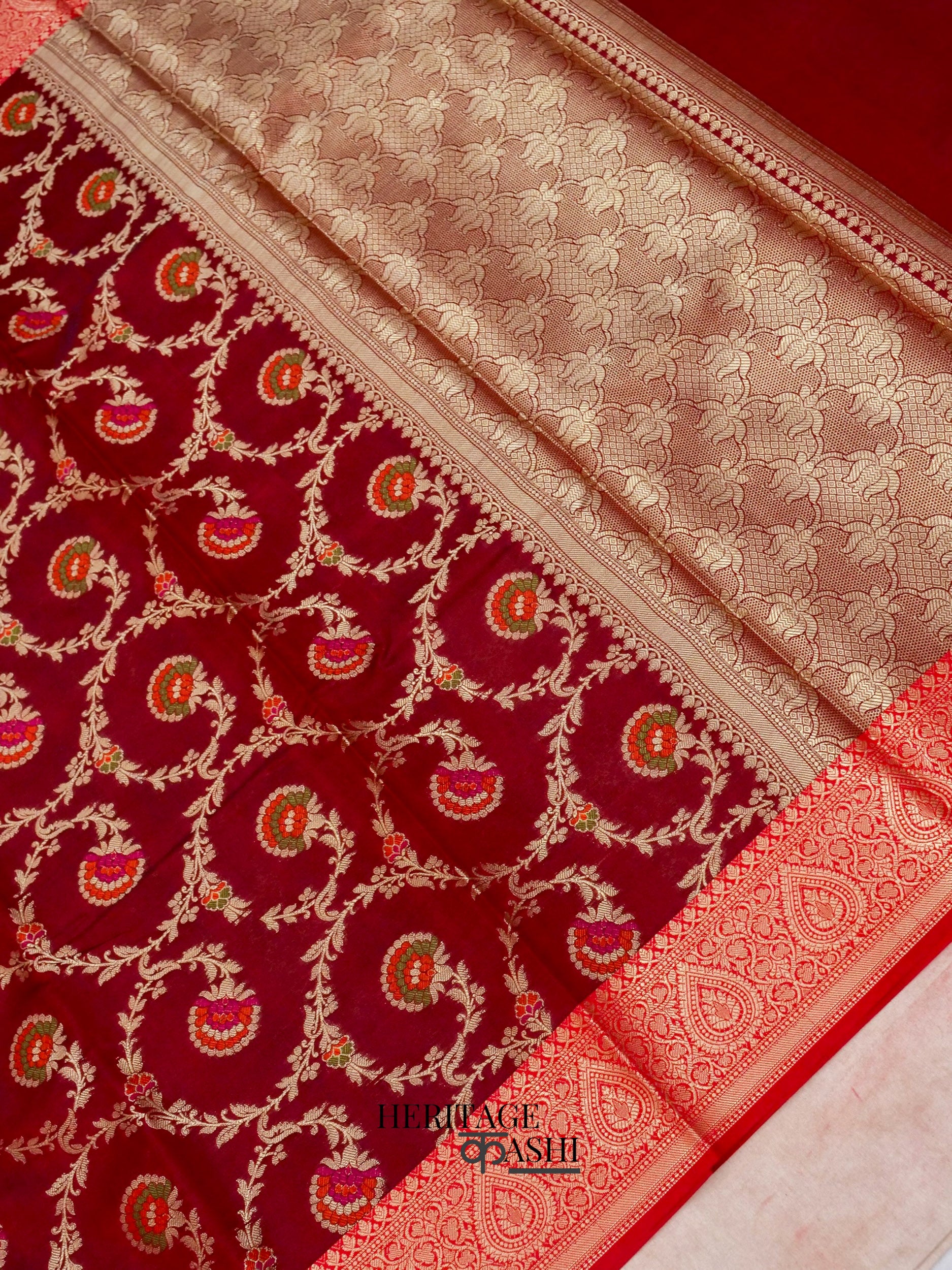 Maroon Katan Floral Tilfi Jaal Saree