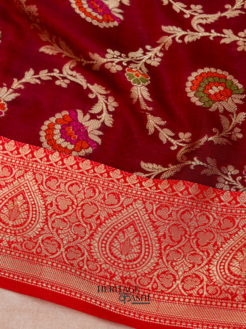 Maroon Katan Floral Tilfi Jaal Saree
