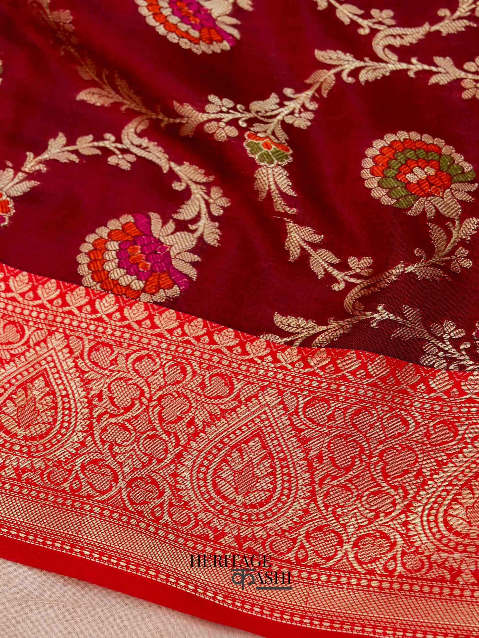 Maroon Katan Floral Tilfi Jaal Saree