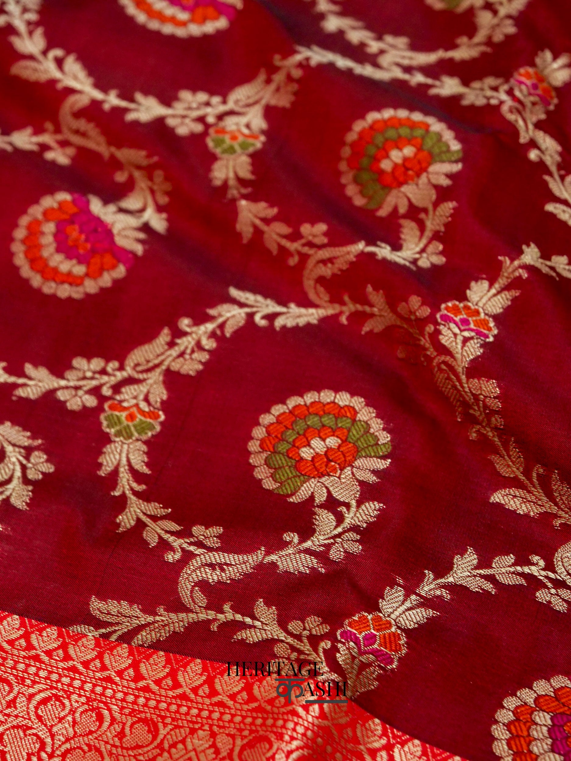 Maroon Katan Floral Tilfi Jaal Saree