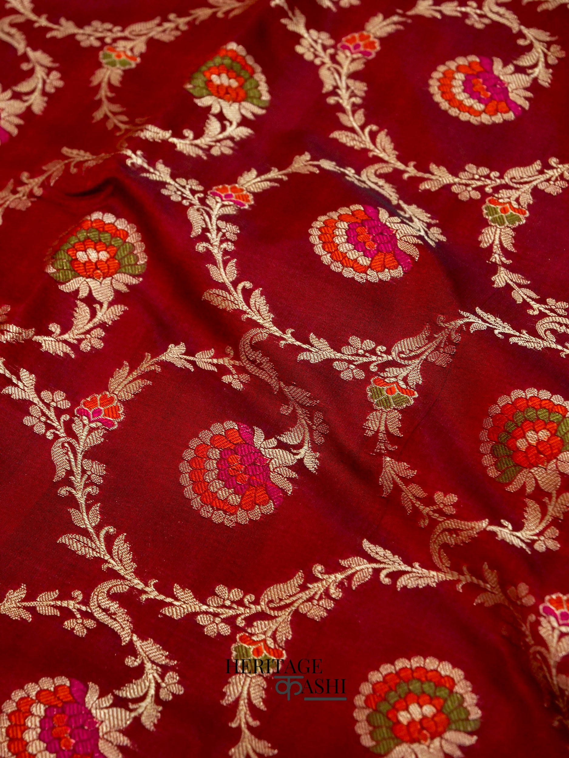 Maroon Katan Floral Tilfi Jaal Saree