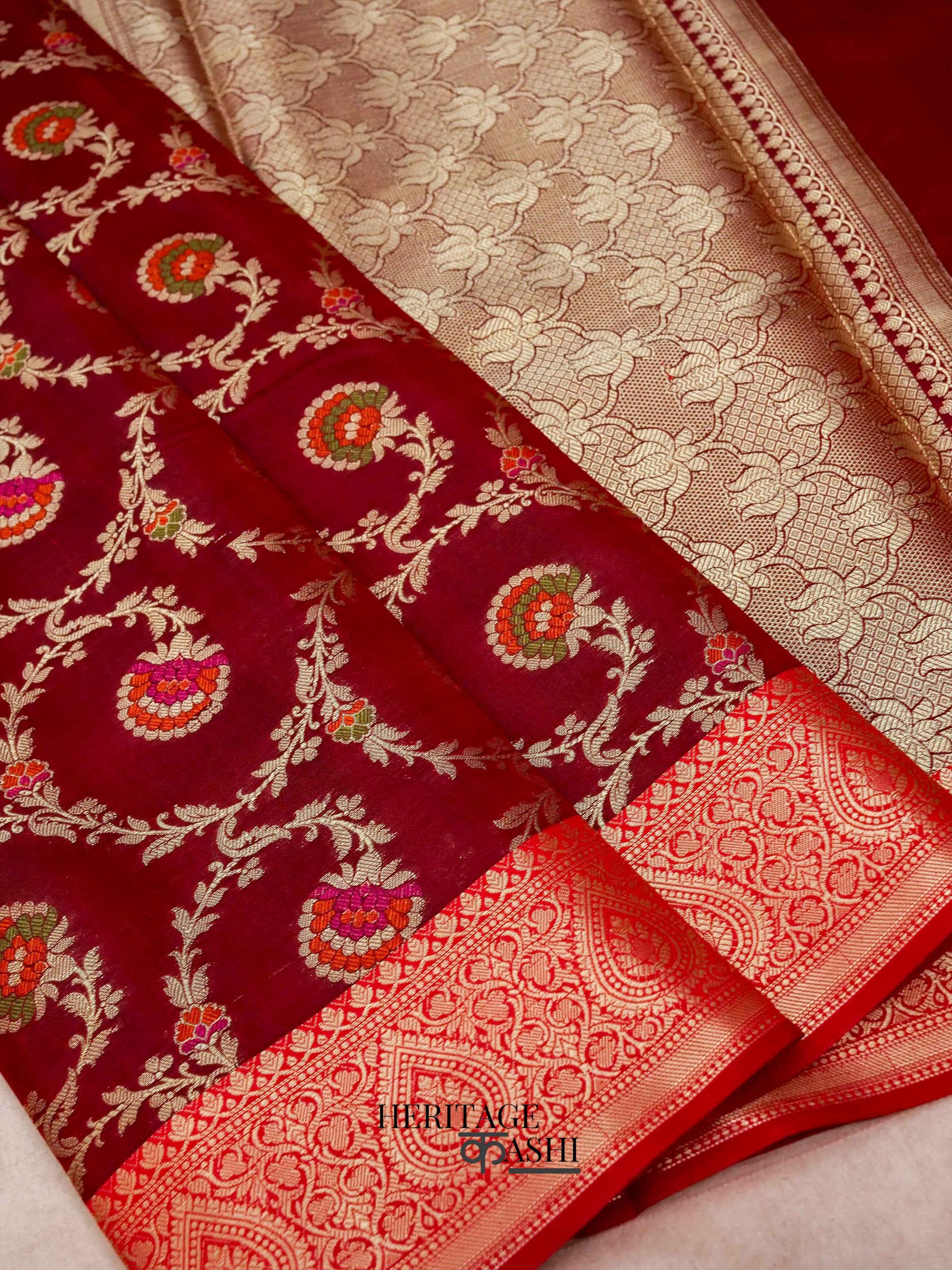 Maroon Katan Floral Tilfi Jaal Saree