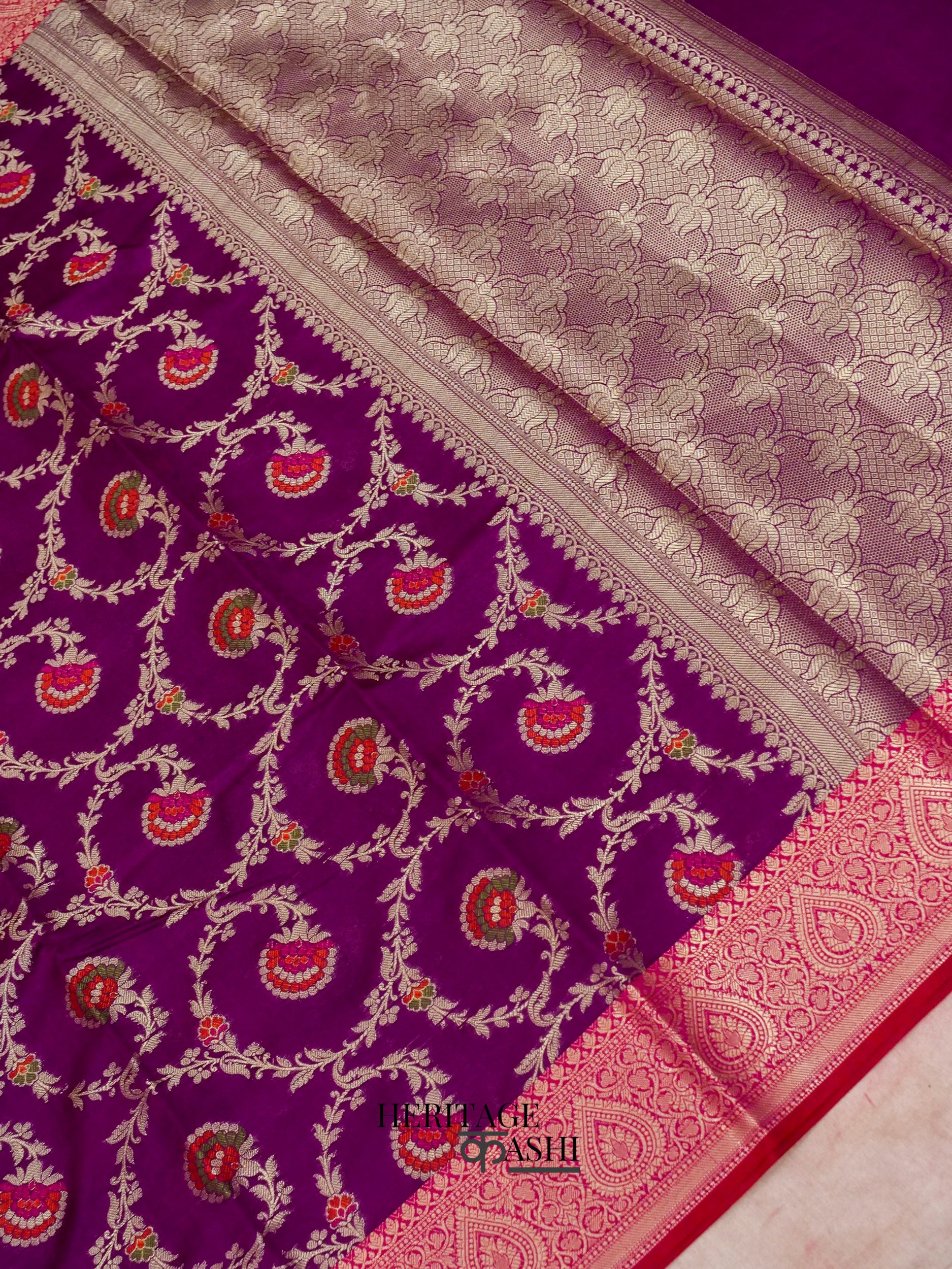 Purple Katan Floral Tilfi Jaal Saree
