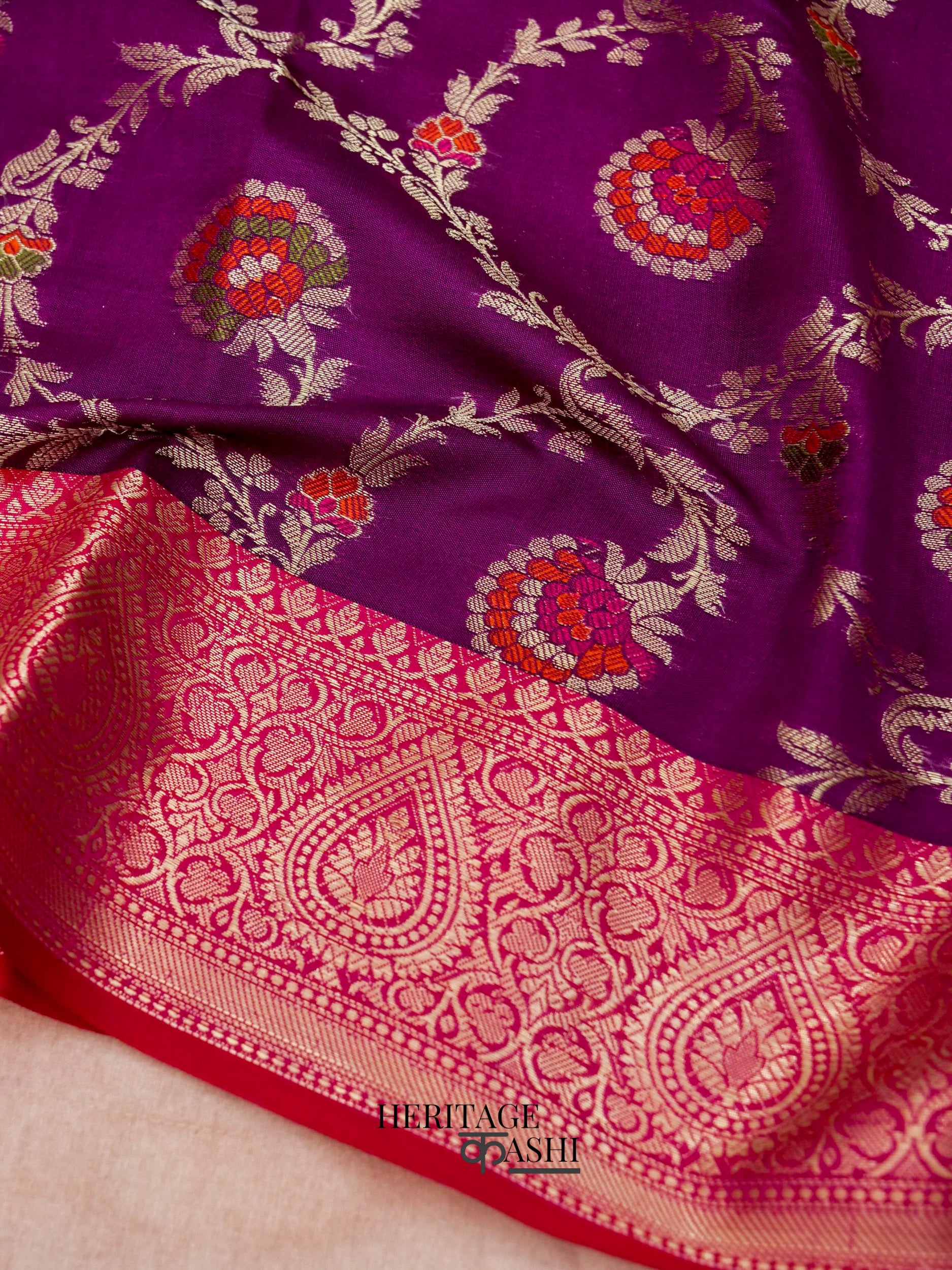 Purple Katan Floral Tilfi Jaal Saree