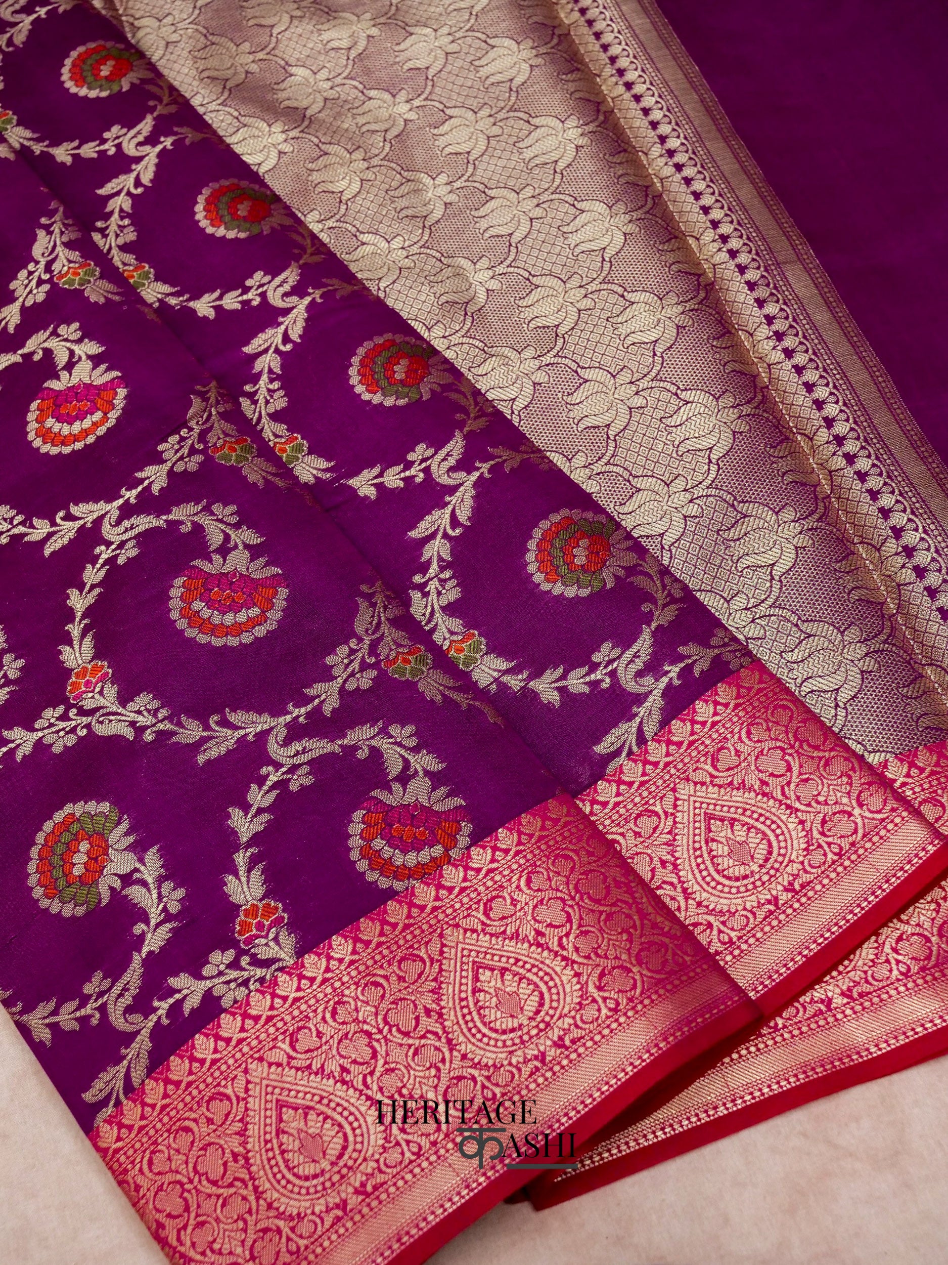 Purple Katan Floral Tilfi Jaal Saree