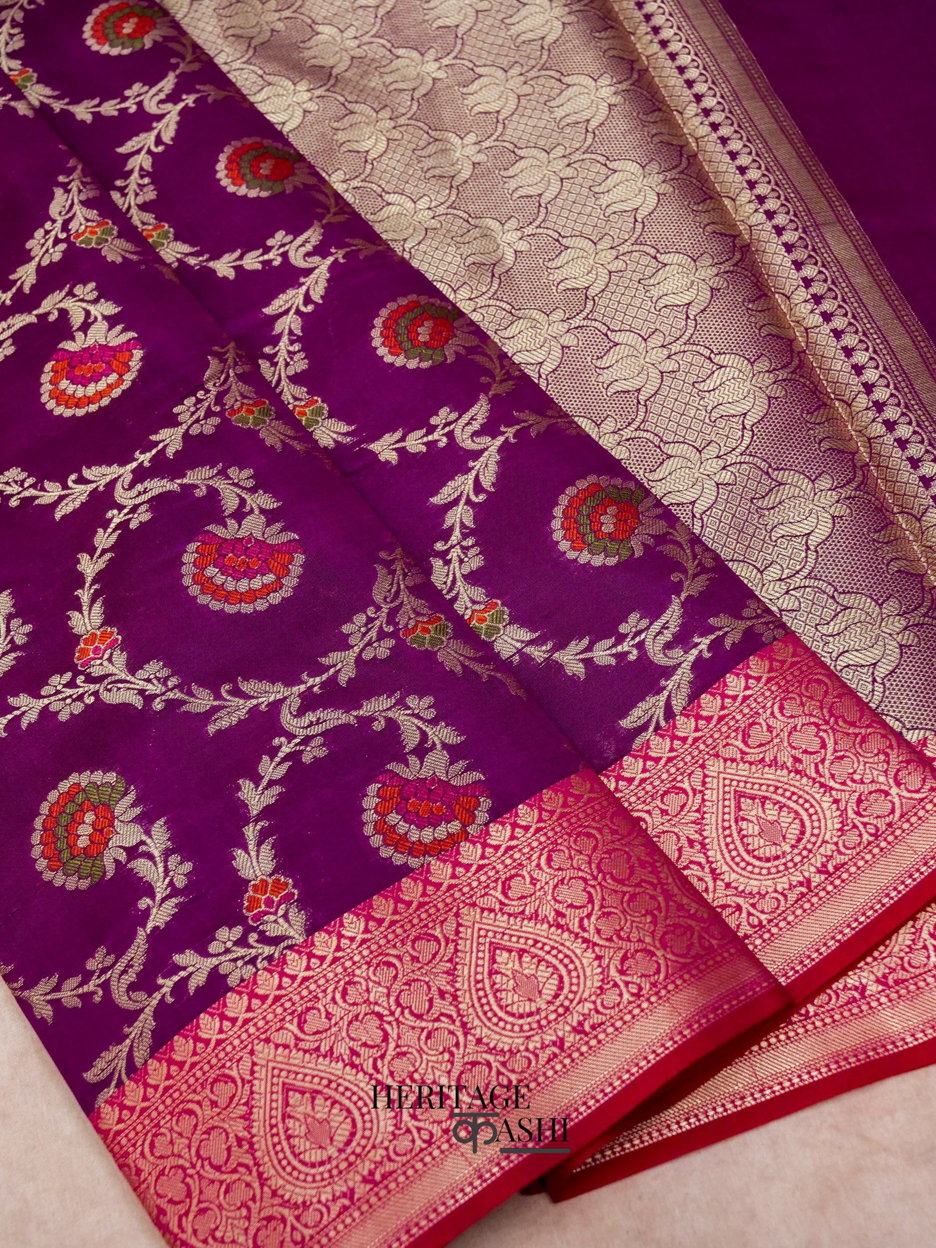 Purple Katan Floral Tilfi Jaal Saree