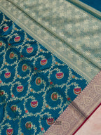 Peacock Blue Katan Floral Tilfi Jaal Saree