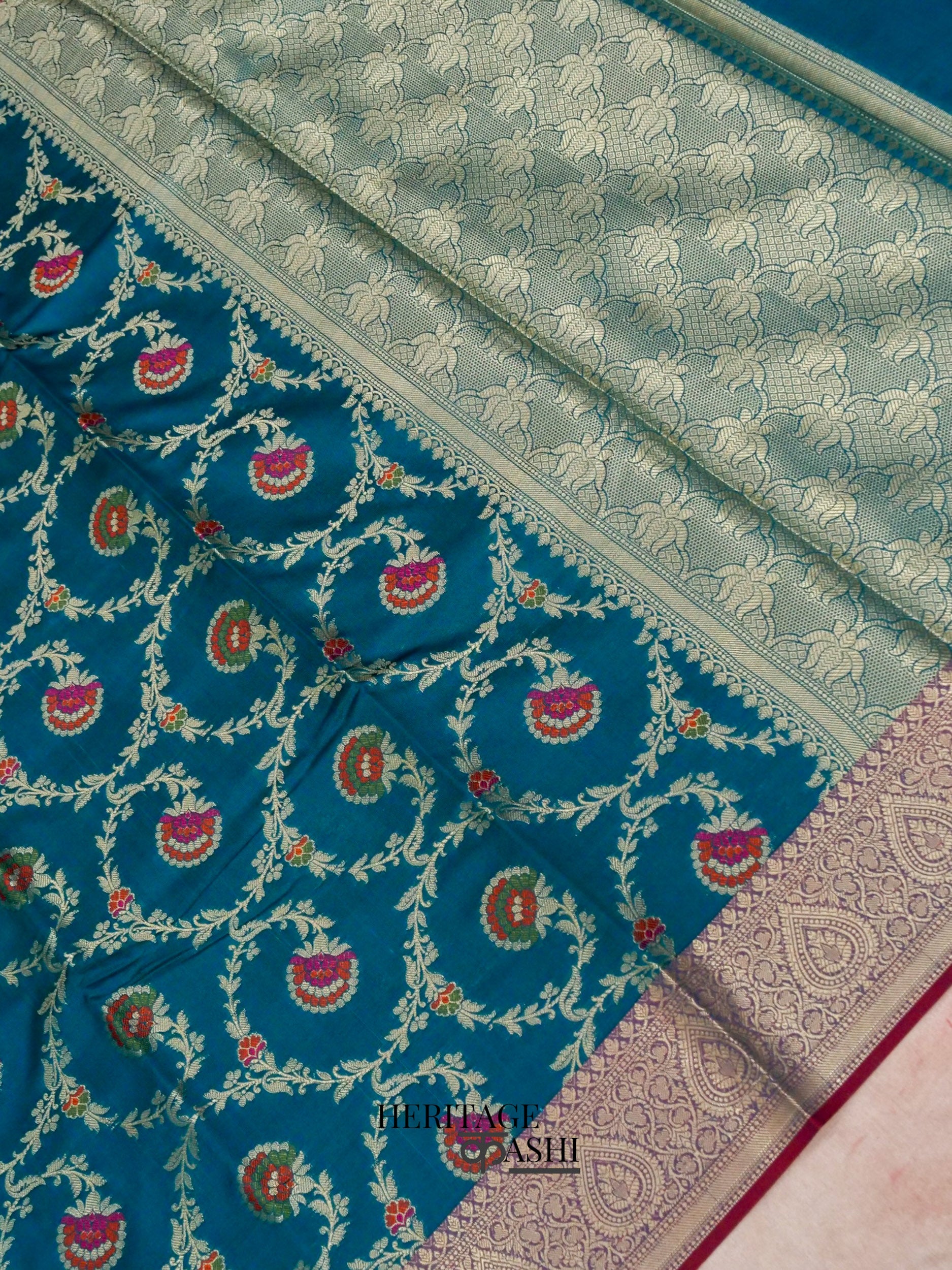 Peacock Blue Katan Floral Tilfi Jaal Saree