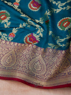 Peacock Blue Katan Floral Tilfi Jaal Saree