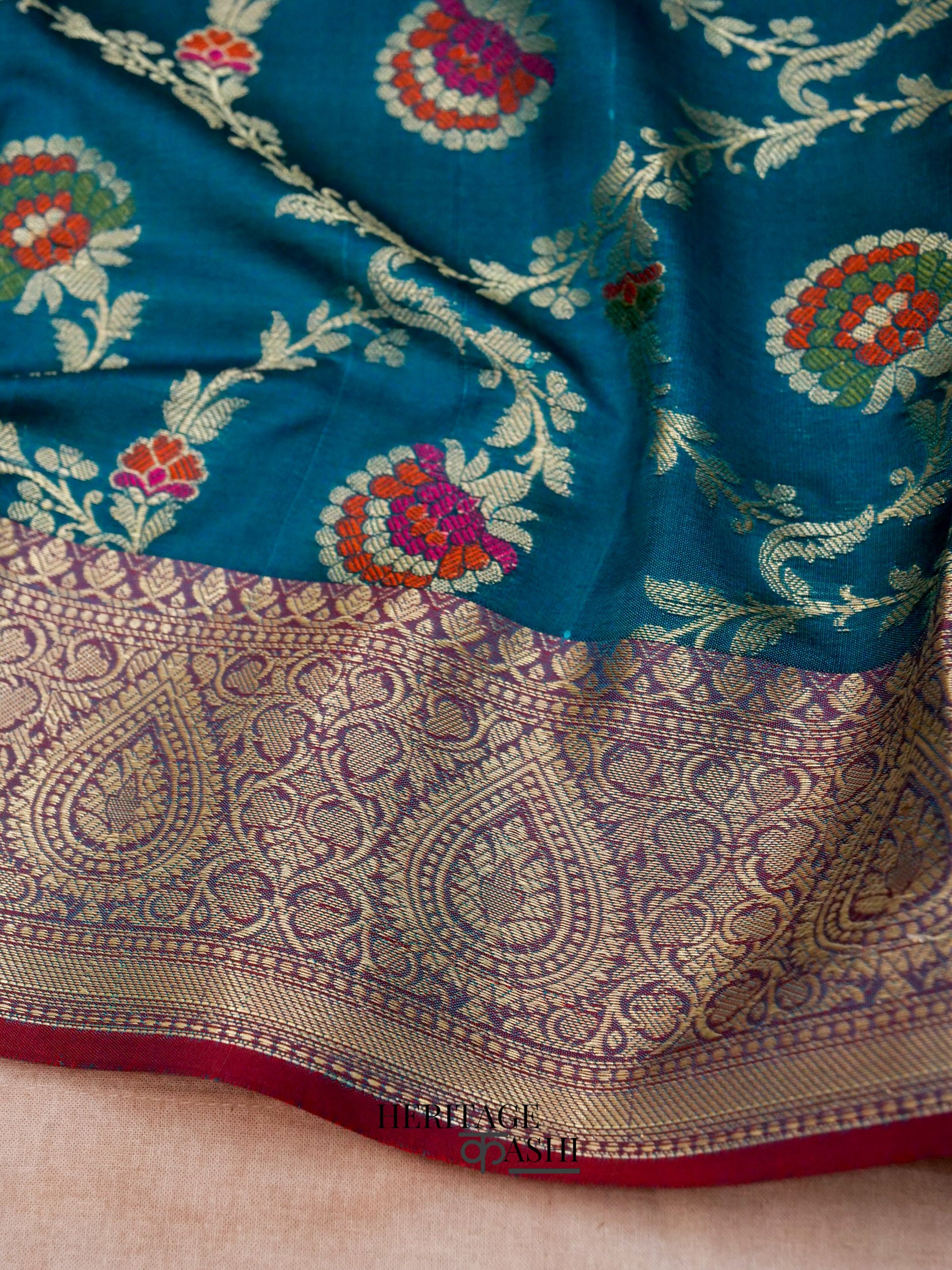 Peacock Blue Katan Floral Tilfi Jaal Saree
