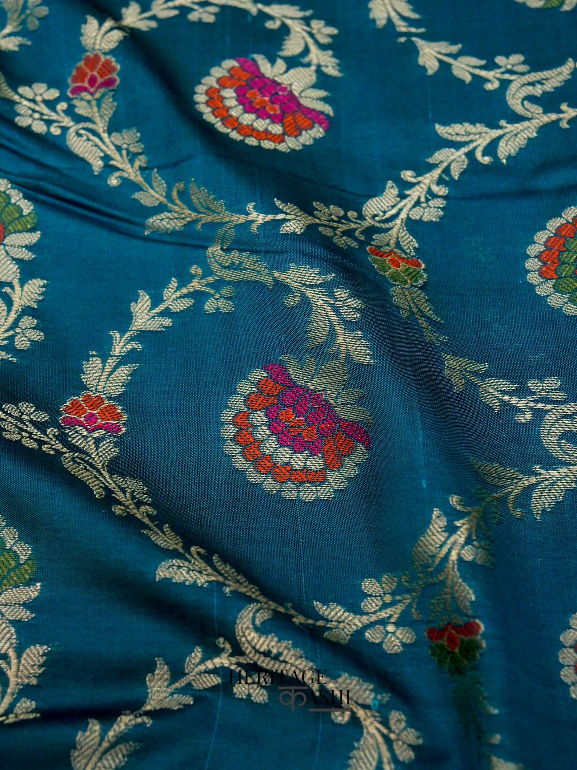 Peacock Blue Katan Floral Tilfi Jaal Saree