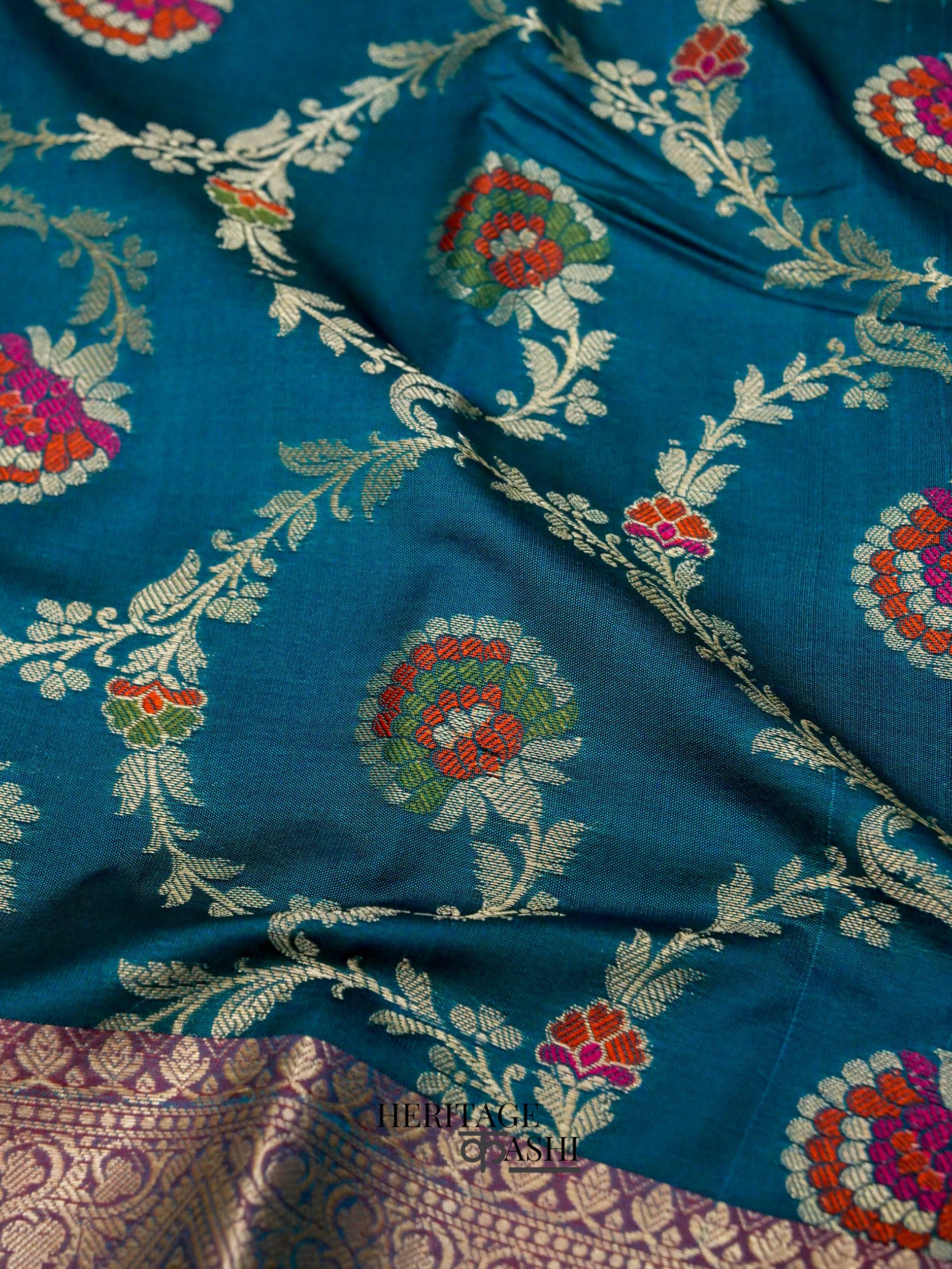 Peacock Blue Katan Floral Tilfi Jaal Saree