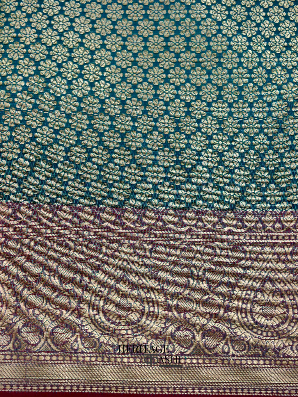 Peacock Blue Katan Floral Tilfi Jaal Saree