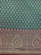 Peacock Blue Katan Floral Tilfi Jaal Saree