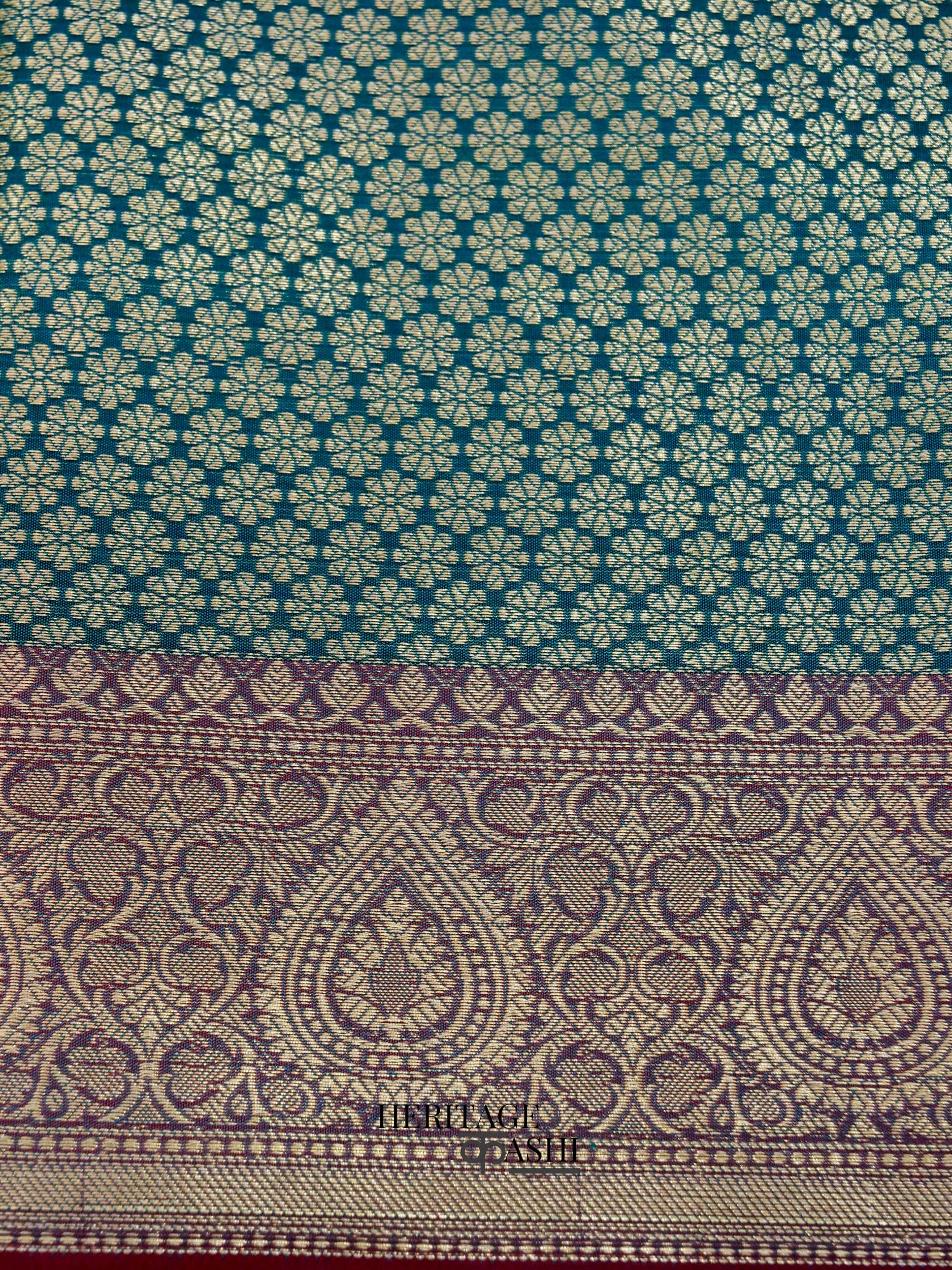 Peacock Blue Katan Floral Tilfi Jaal Saree