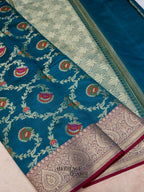 Peacock Blue Katan Floral Tilfi Jaal Saree