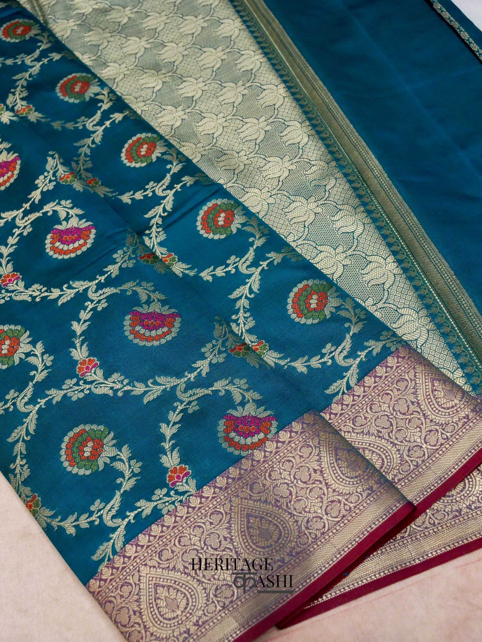 Peacock Blue Katan Floral Tilfi Jaal Saree
