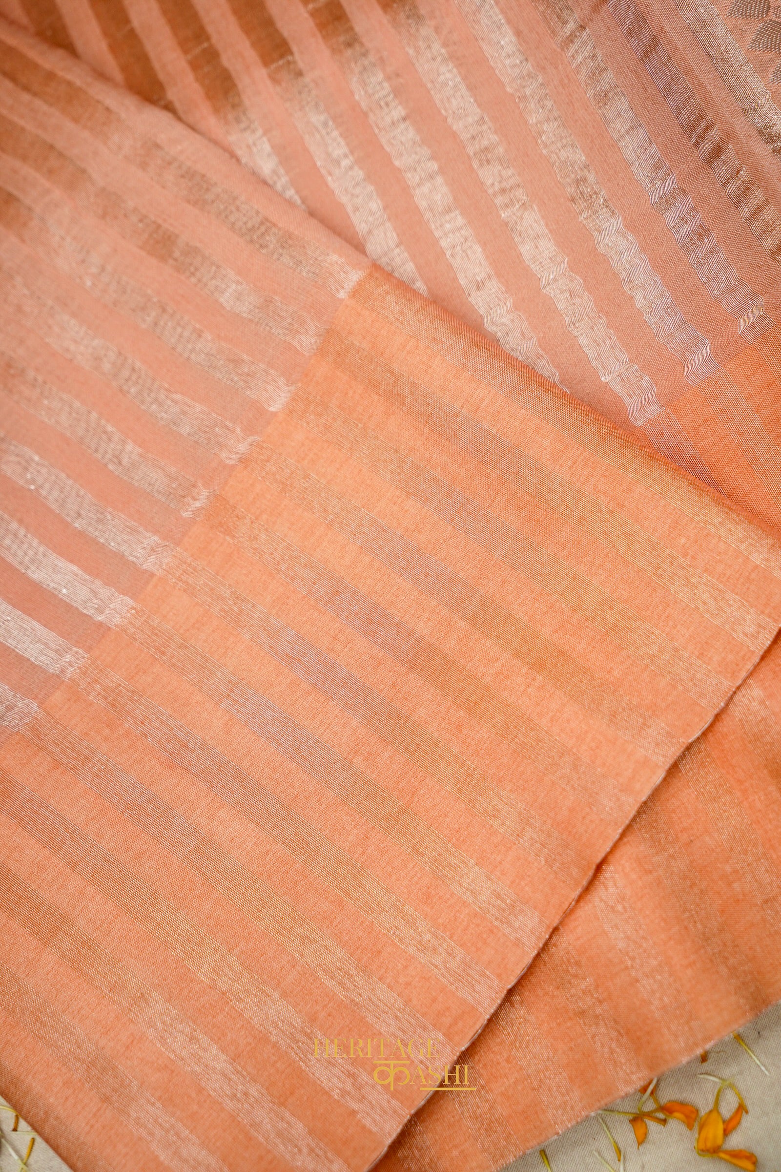 Peach Banarasi Silk Stripe Saree with Premium Satin Border