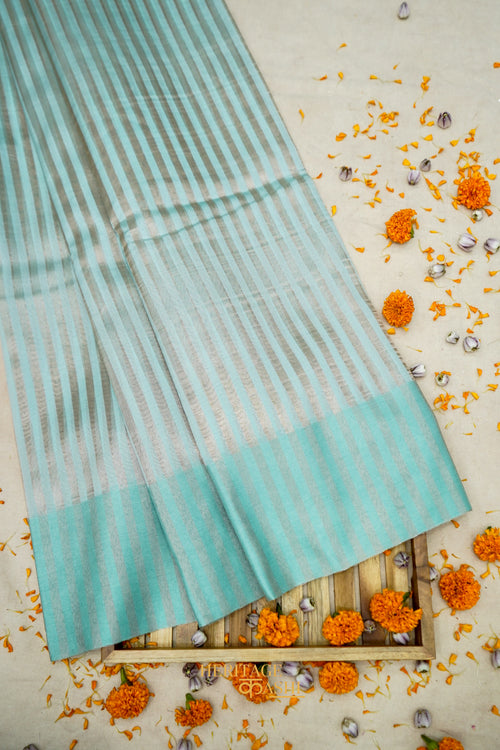 Aqua Blue Banarasi Silk Stripe Saree with Premium Satin Border
