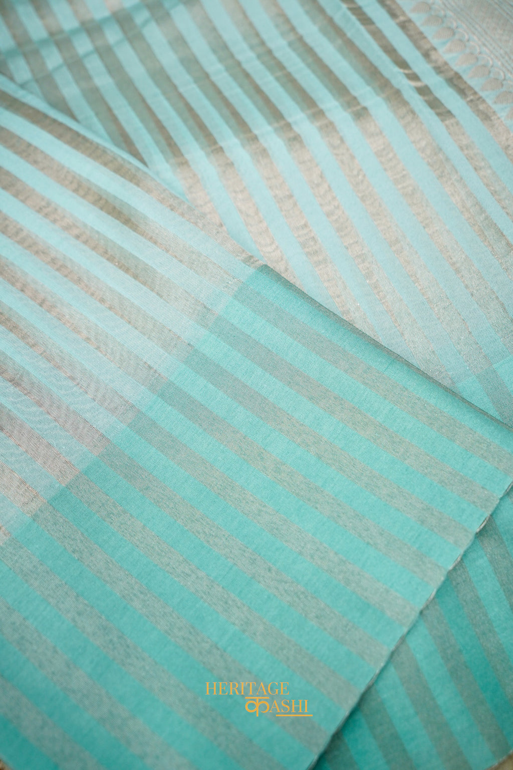 Aqua Blue Banarasi Silk Stripe Saree with Premium Satin Border