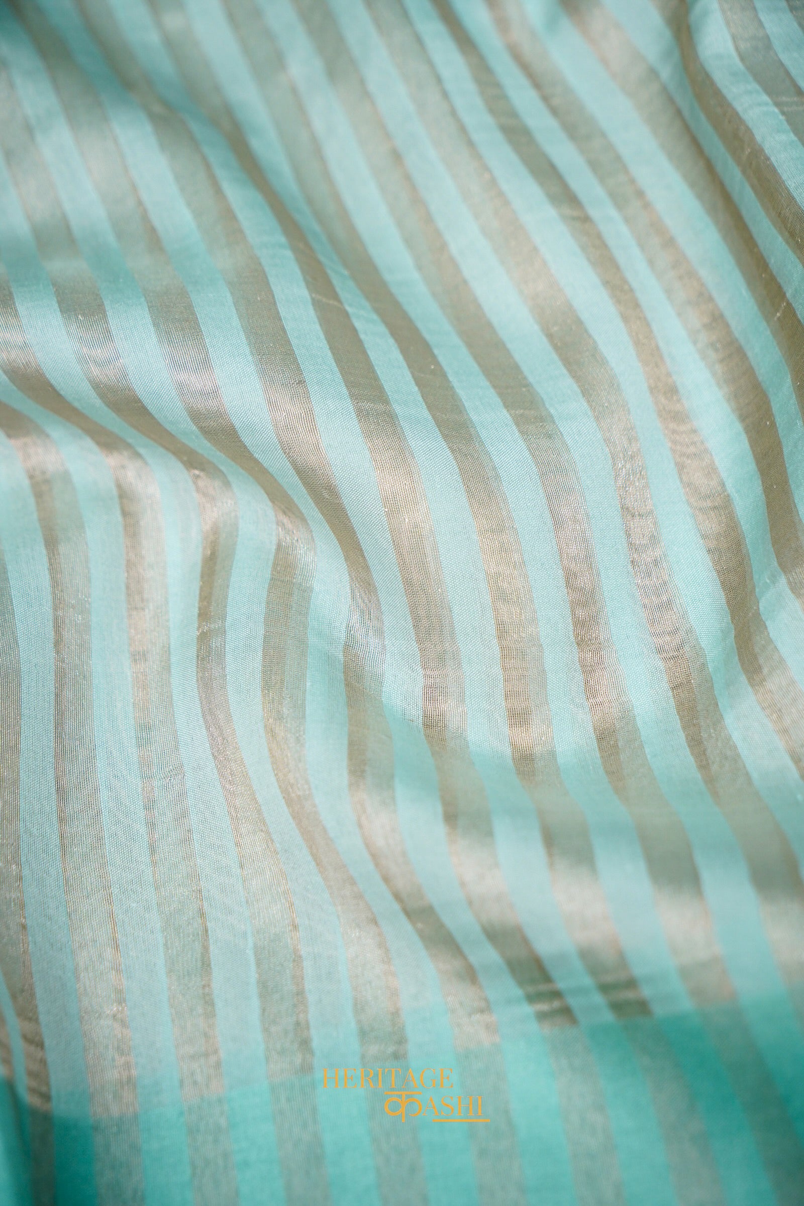 Aqua Blue Banarasi Silk Stripe Saree with Premium Satin Border