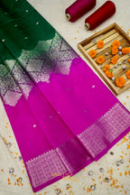 Emerald Green & Rani Pink Katan Silk Floral Zari Divider Saree