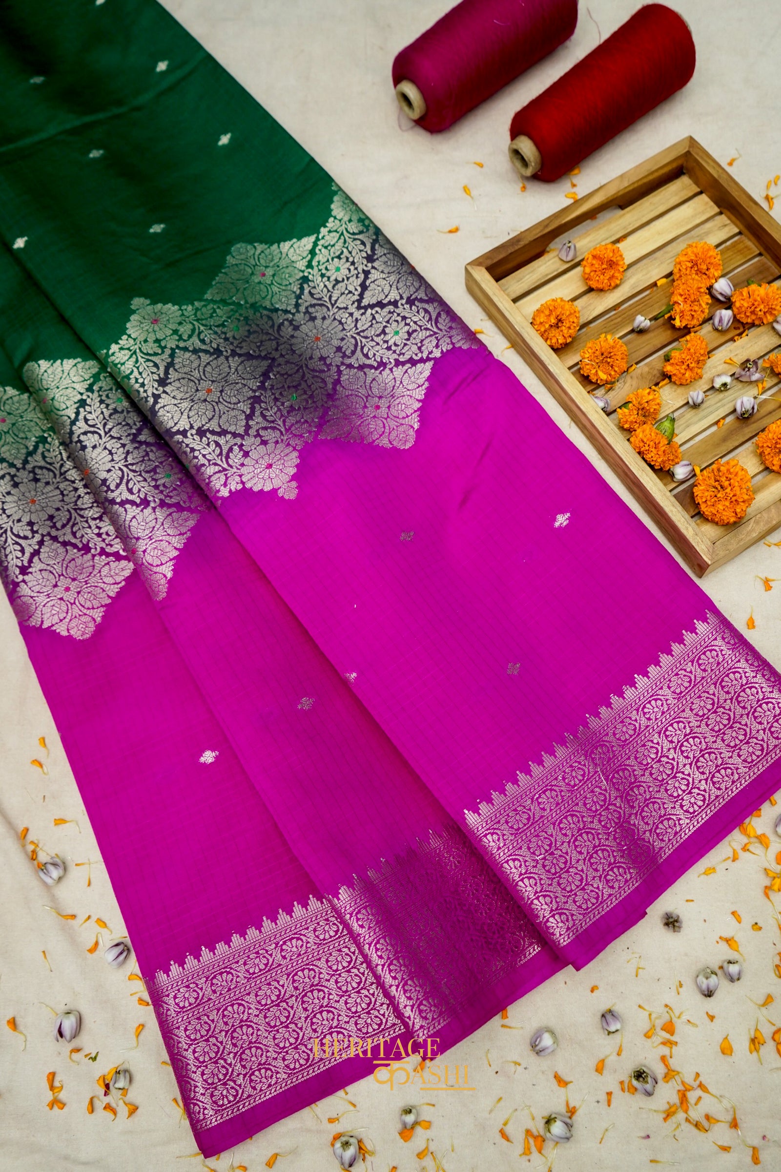 Emerald Green & Rani Pink Katan Silk Floral Zari Divider Saree