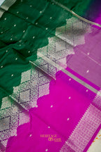 Emerald Green & Rani Pink Katan Silk Floral Zari Divider Saree