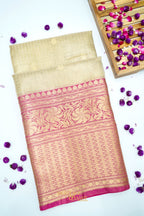 Ivory Tissue Kota Zari Buti Banarasi Silk Saree with Rani Pink Zari Border