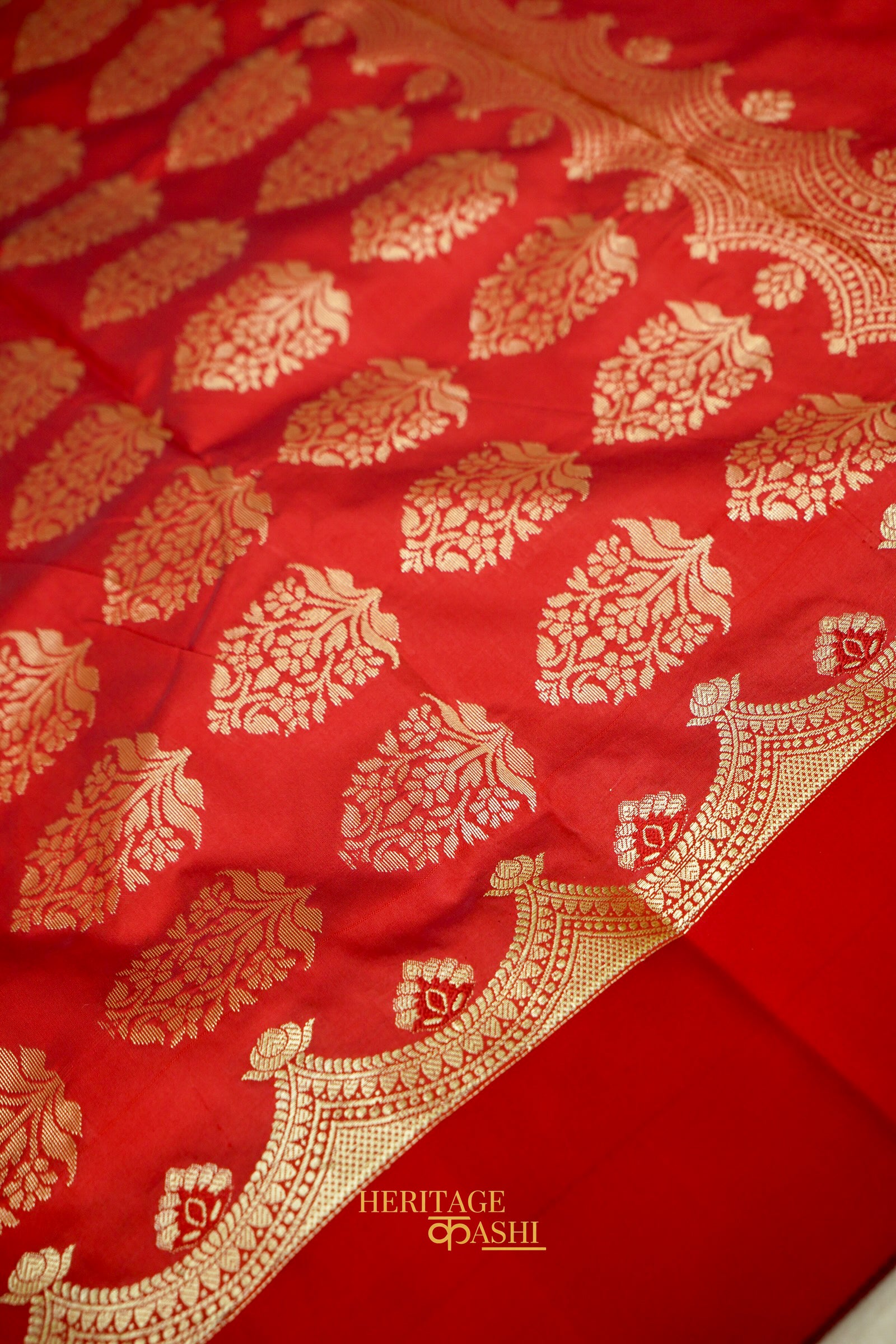 Off White Katan Saree with Rich Red Crown Zari Border
