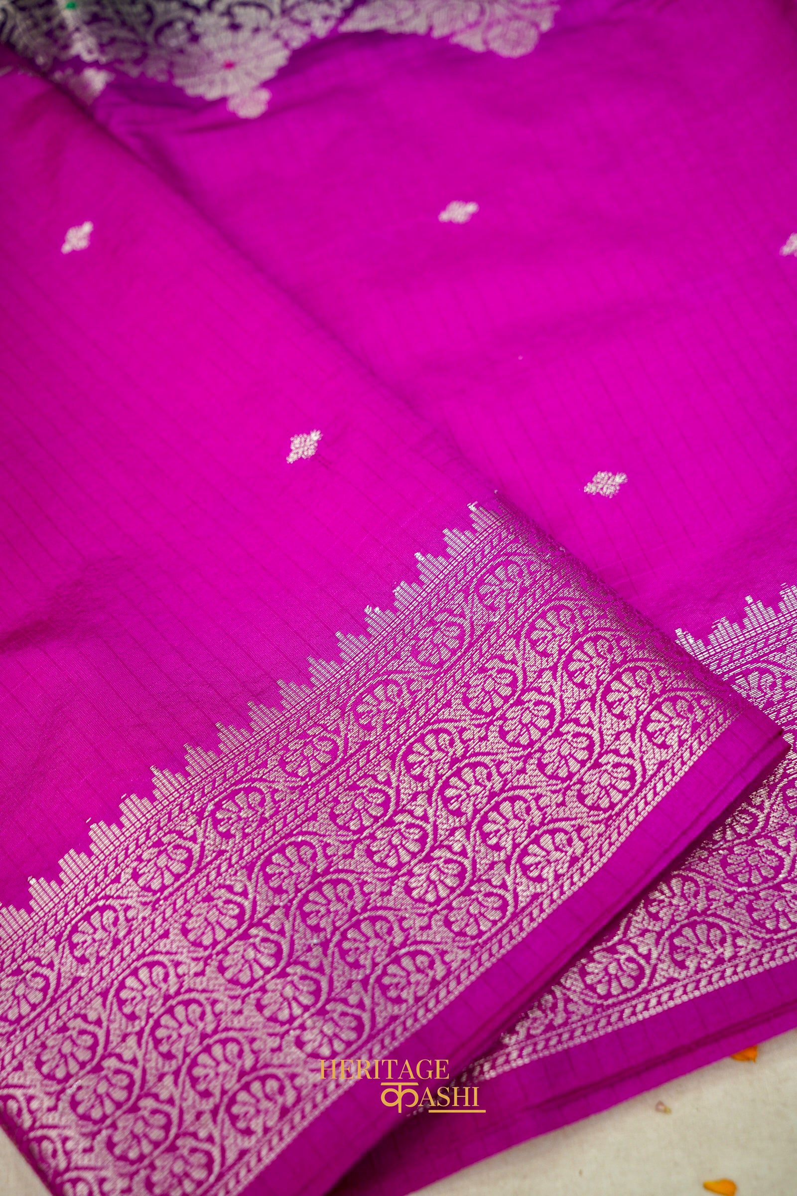 Emerald Green & Rani Pink Katan Silk Floral Zari Divider Saree