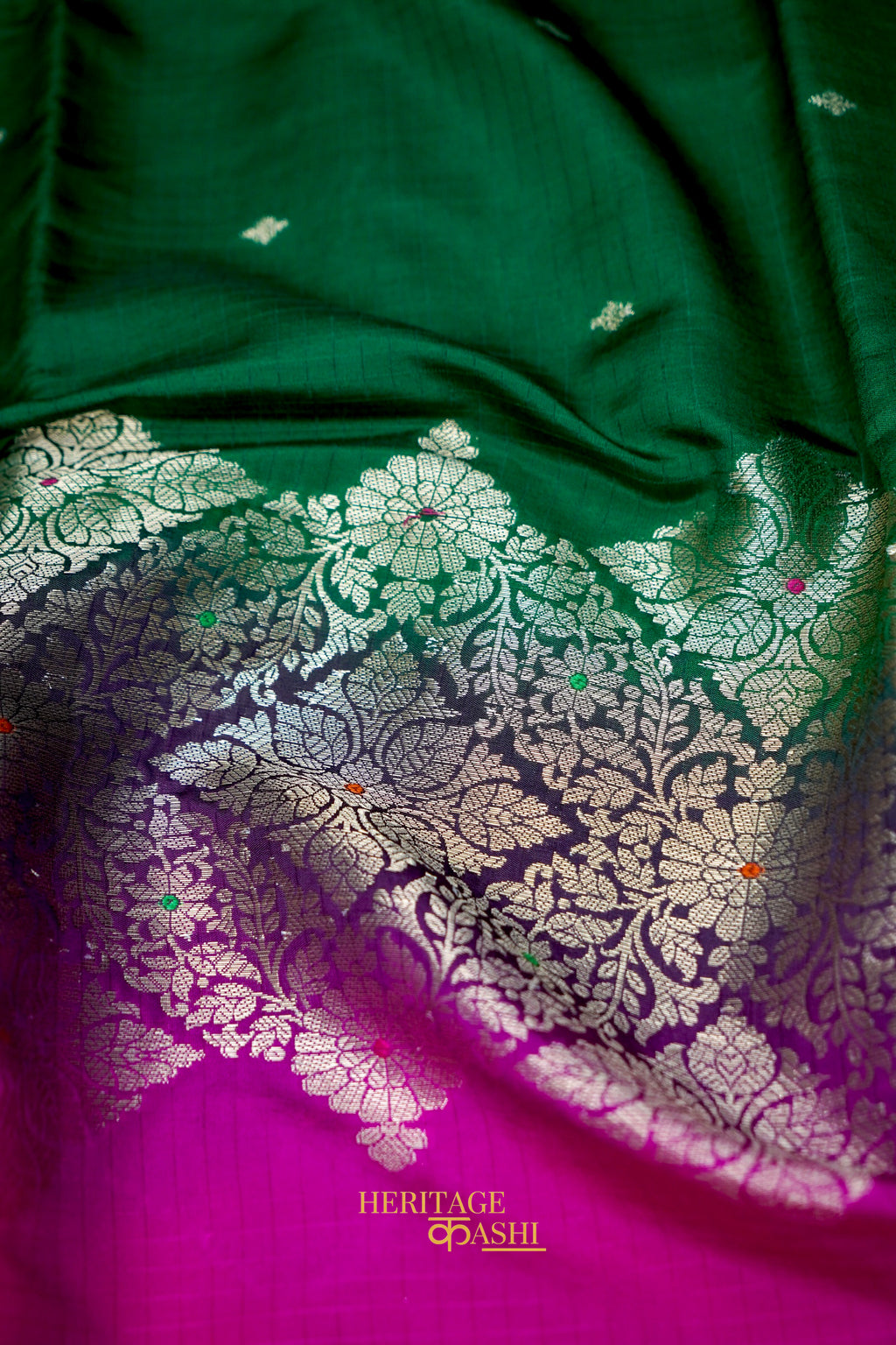 Emerald Green & Rani Pink Katan Silk Floral Zari Divider Saree