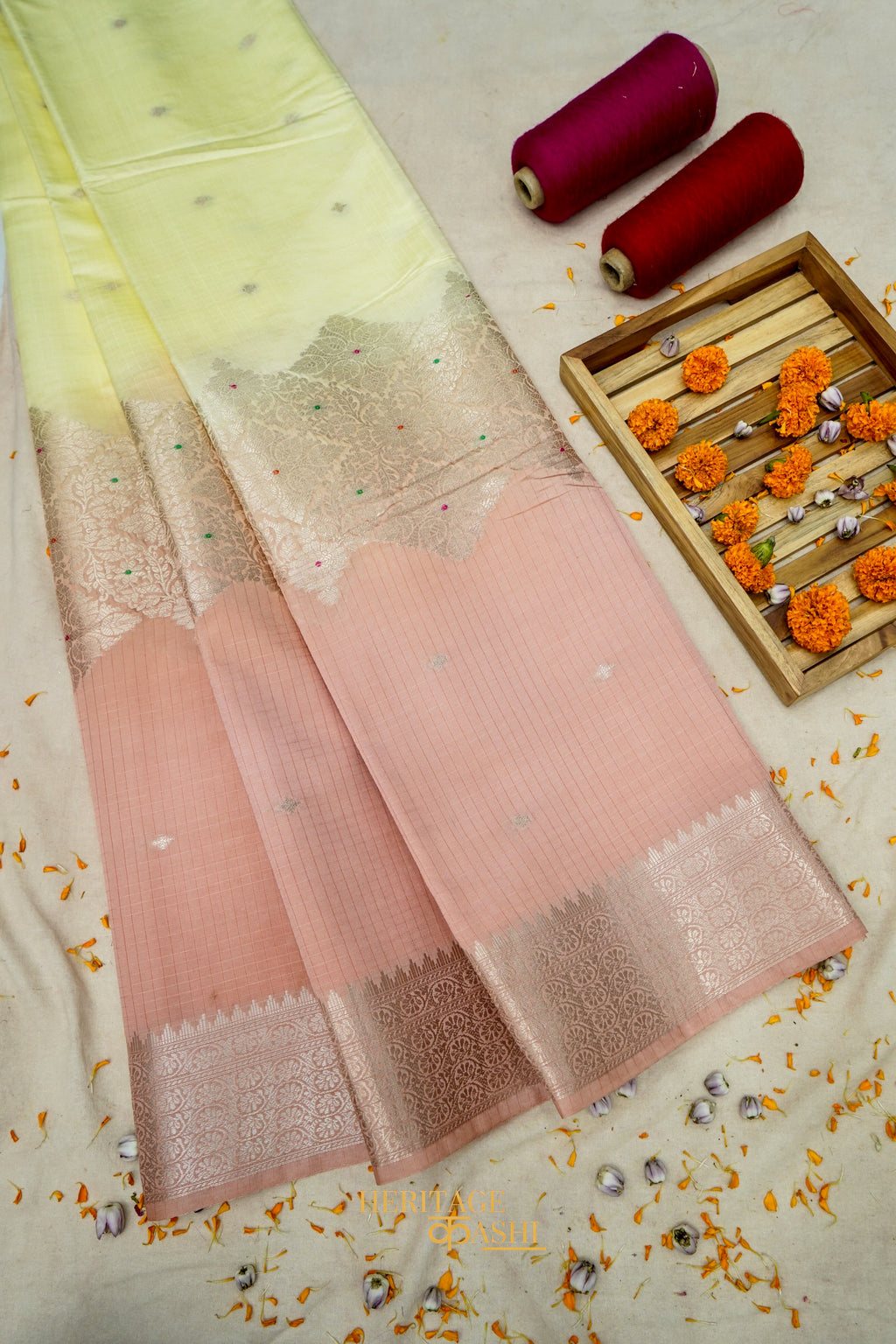 Ivory Yellow & Peach Pink Katan Silk Banarasi Saree with Floral Zari Divider