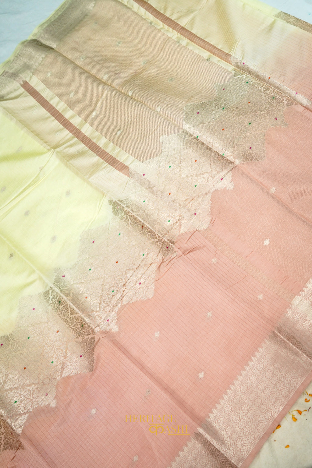 Ivory Yellow & Peach Pink Katan Silk Banarasi Saree with Floral Zari Divider