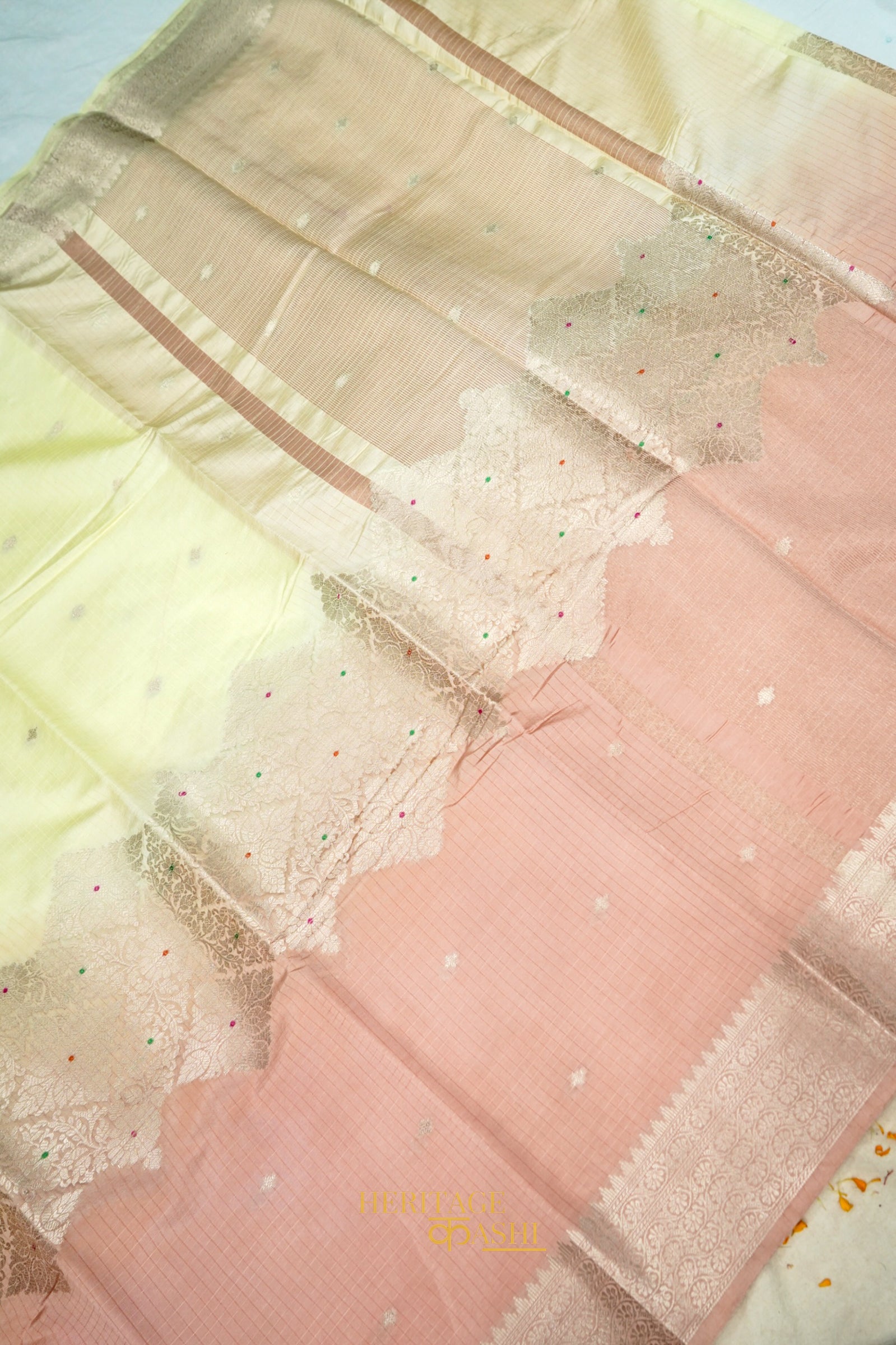 Ivory Yellow & Peach Pink Katan Silk Banarasi Saree with Floral Zari Divider