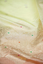 Ivory Yellow & Peach Pink Katan Silk Banarasi Saree with Floral Zari Divider